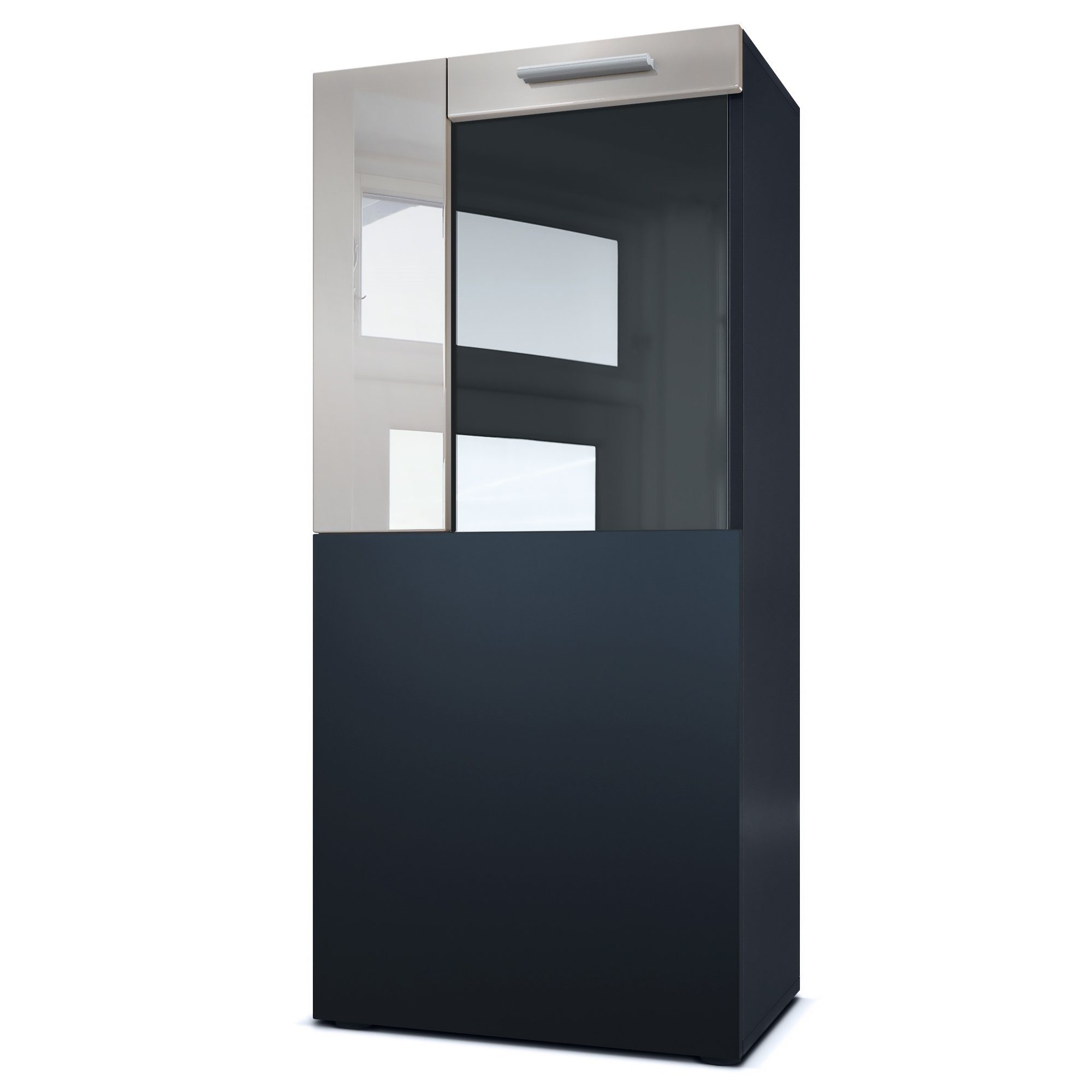 Vladon Standvitrine Movie (Standvitrine/Hängevitrine, mit 1 großen Tür, dahinter 2 geräumige Fächer) Schwarz matt/Sandgrau Hochglanz (50,5 x 111 x 32,5 cm)