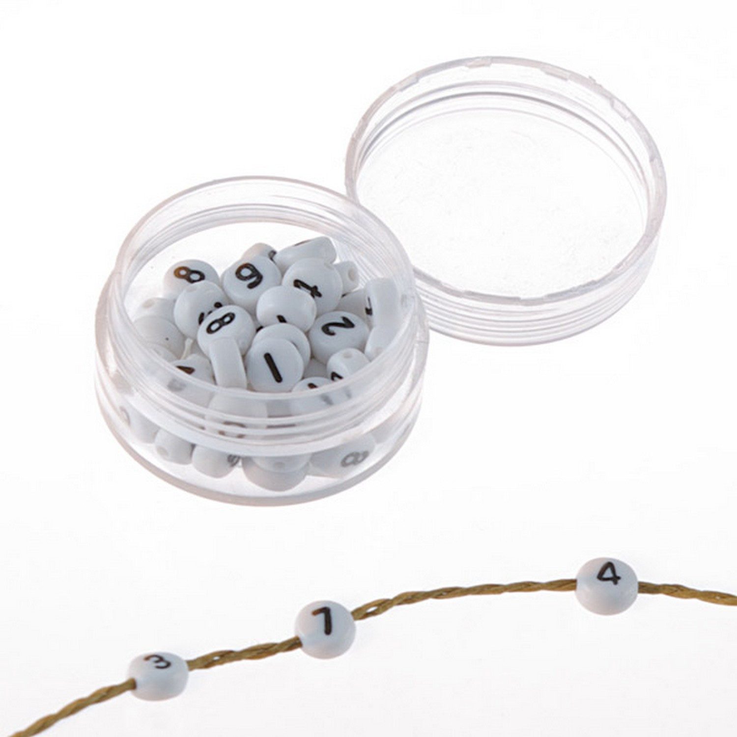 Deko AS Bastel-Armband Numberbeads - rund mit Lochung - weiß - 7 mm - 97636…, mit Lochung