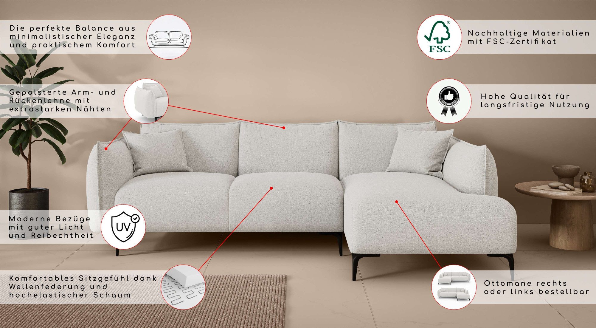 LeGer Home by Lena Gercke Ecksofa Adelita mit Ottomane links oder rechts bestellbar, B/H/T 270/97/168, L-Form mit Wellenunterfederung, enthält 2 Zierkissen
