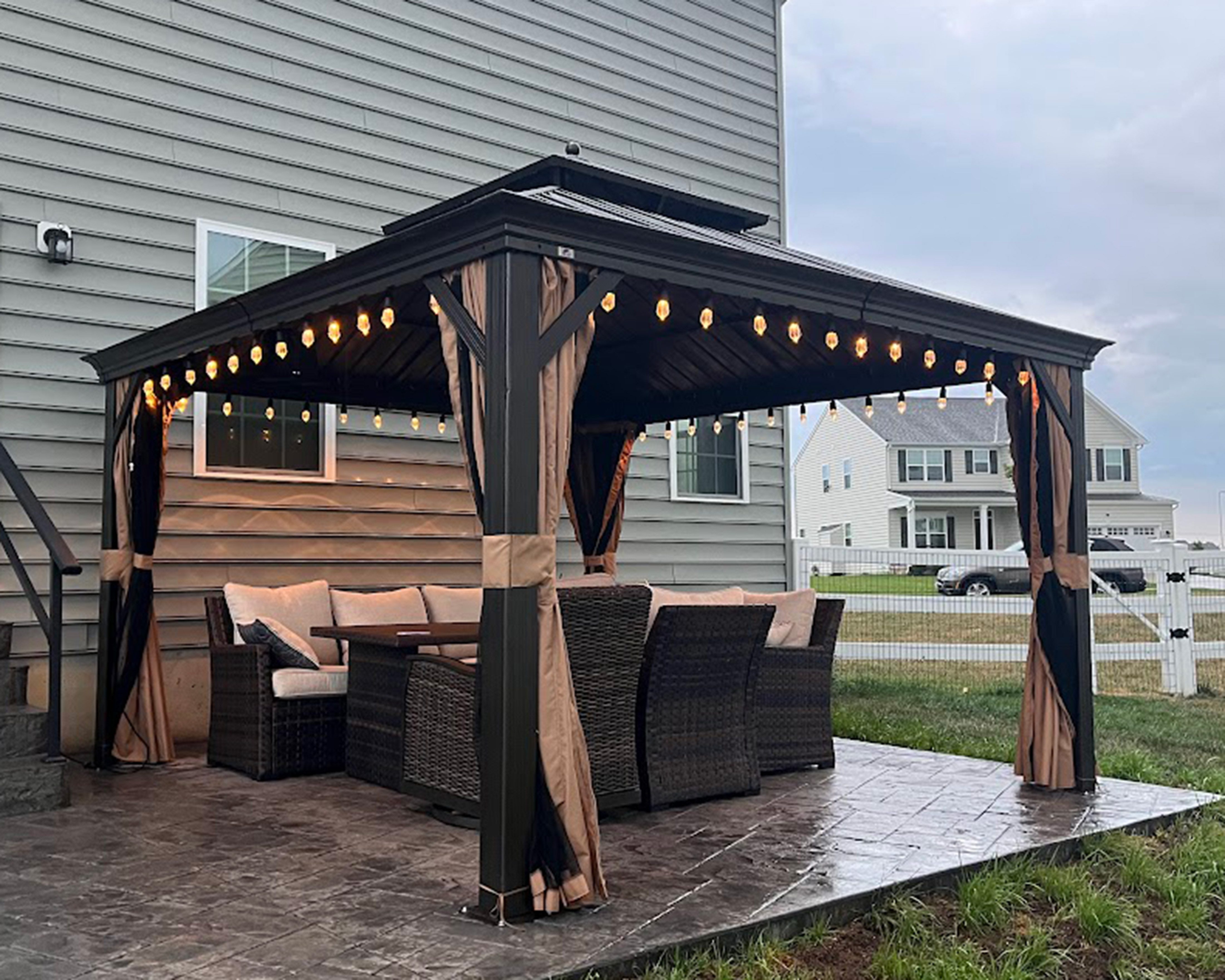 PURPLE LEAF Pavillon Hardtop Alu Gartenpavillon mit Seitenteilen und LED-Beleuchtung, (1 Pavillon + LED-Licht, Vorhängen und Moskitonetz), Wasserdicht, UV-beständig, Privatsphärenschutz