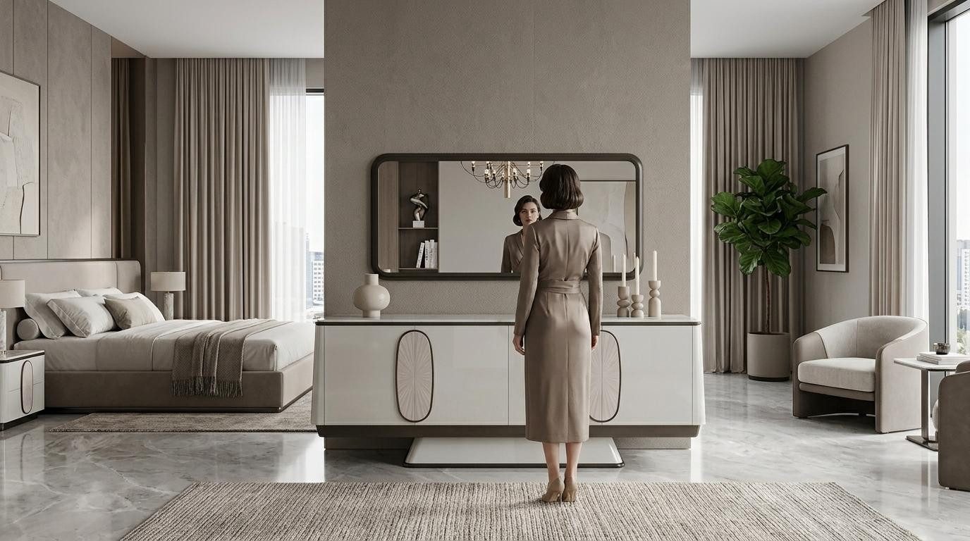 JVmoebel Kommode Kommode mit Spiegel Hochwertig Elegant Modern Langlebig Robust Zeitlos, Made in Europa, Modernes Design in zeitlosem Beige, ideal für Esszimmer und Wohnzimmer