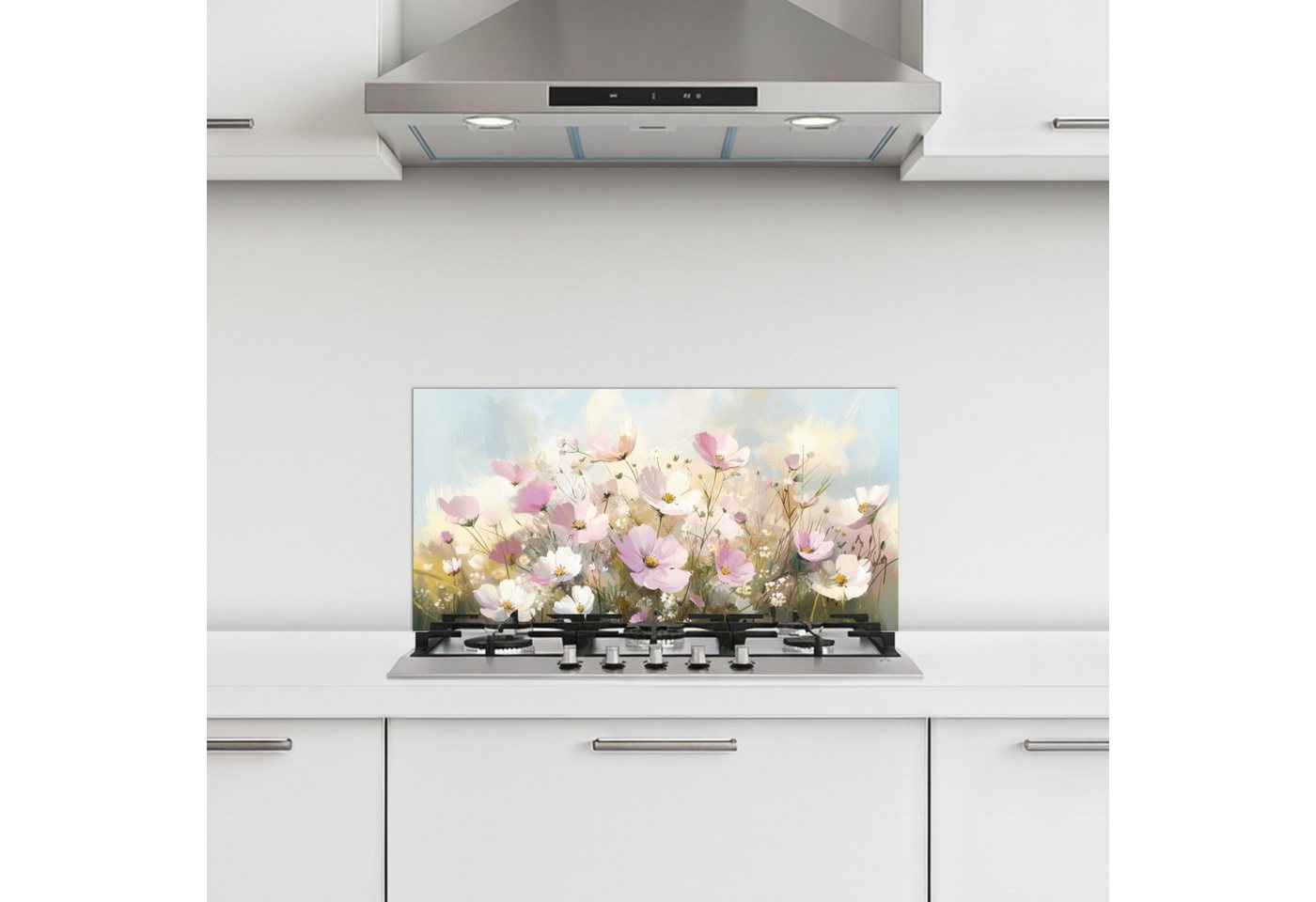 KitchenYeah Küchenrückwand selbstklebend (keine Folie) Blumenfeld - Helle Farbtöne - Gemalt, (1-tlg), Küchenrückwand, Spritzschutz, Kitchen, 60x30 cm