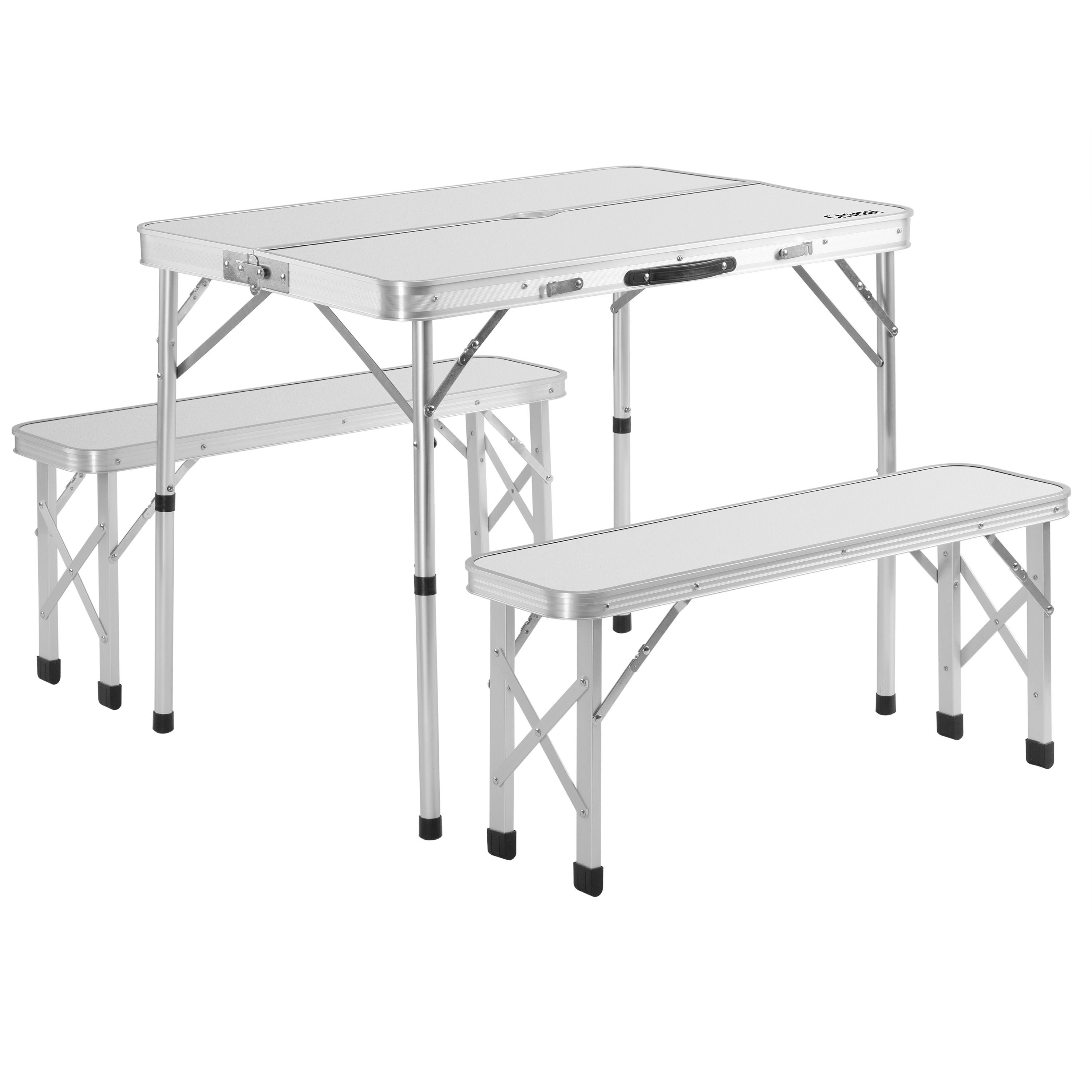 Casaria Campingtisch (3-St), Klappbar mit 2 Bänken 3 tlg Set Tragbar Aluminium Weiß