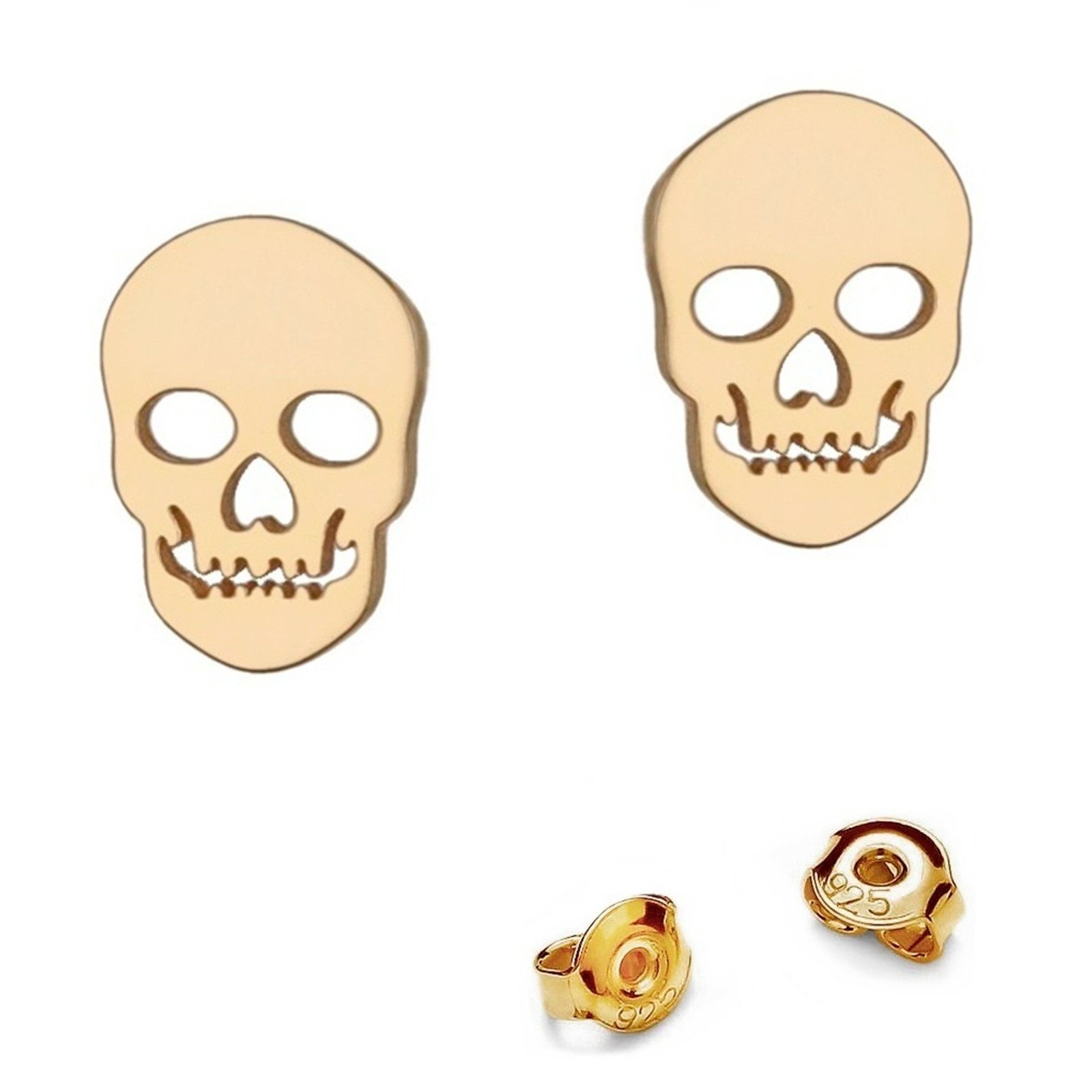 Goldene Hufeisen Paar Ohrstecker Gold Ohrringe Totenkopf 18k Gelbgold vergoldet Damen Herren Schädel, 925 Sterling Silber Goldschmuck für Damen und Herren