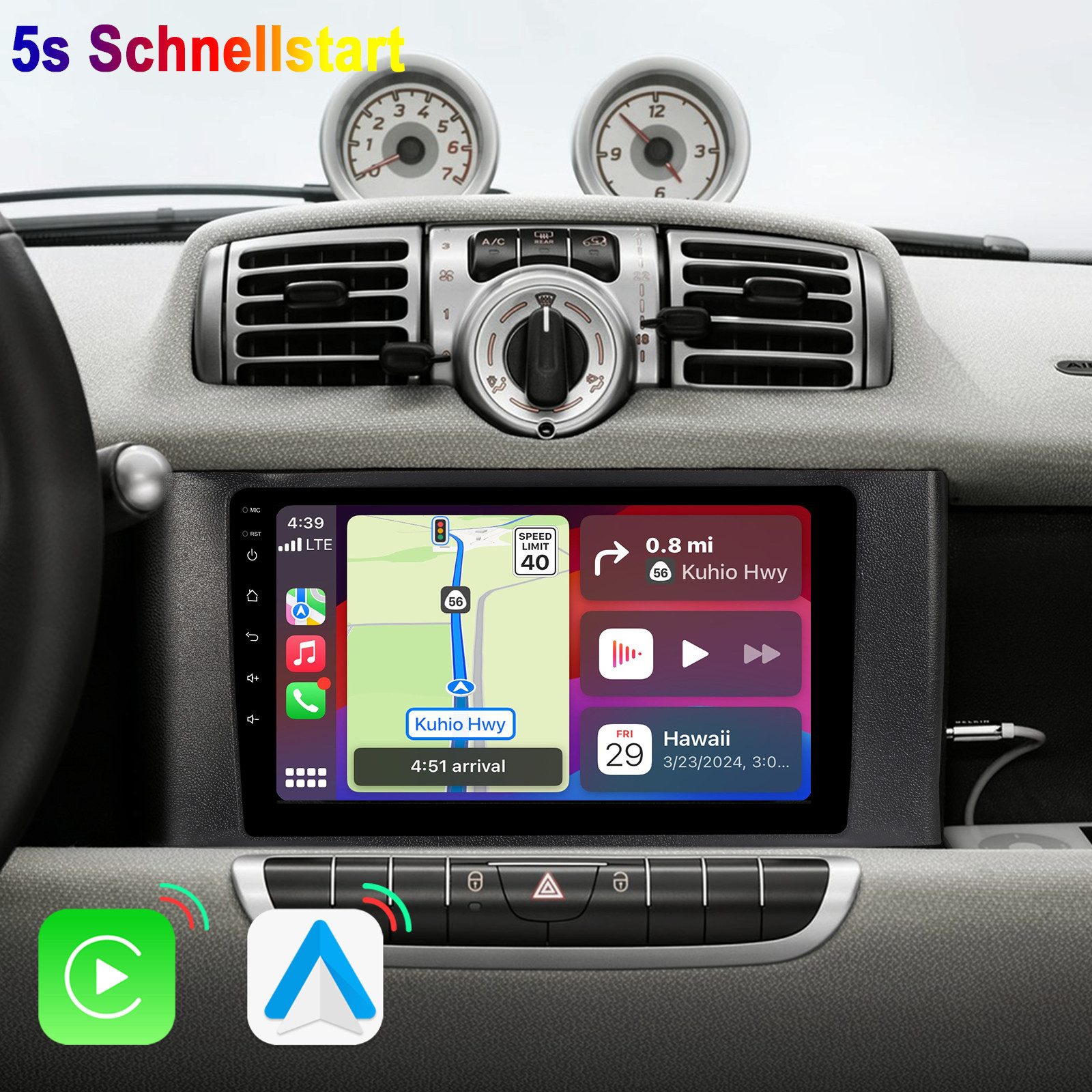 A-Sure 5s Schnellstart Carplay Android Auto Für Smart Fortwo 451 2011-2015 Autoradio (DSP, Android Auto, 5s Schnellstart, Linux, 1280*720 Screen, FM, Apple Carplay)