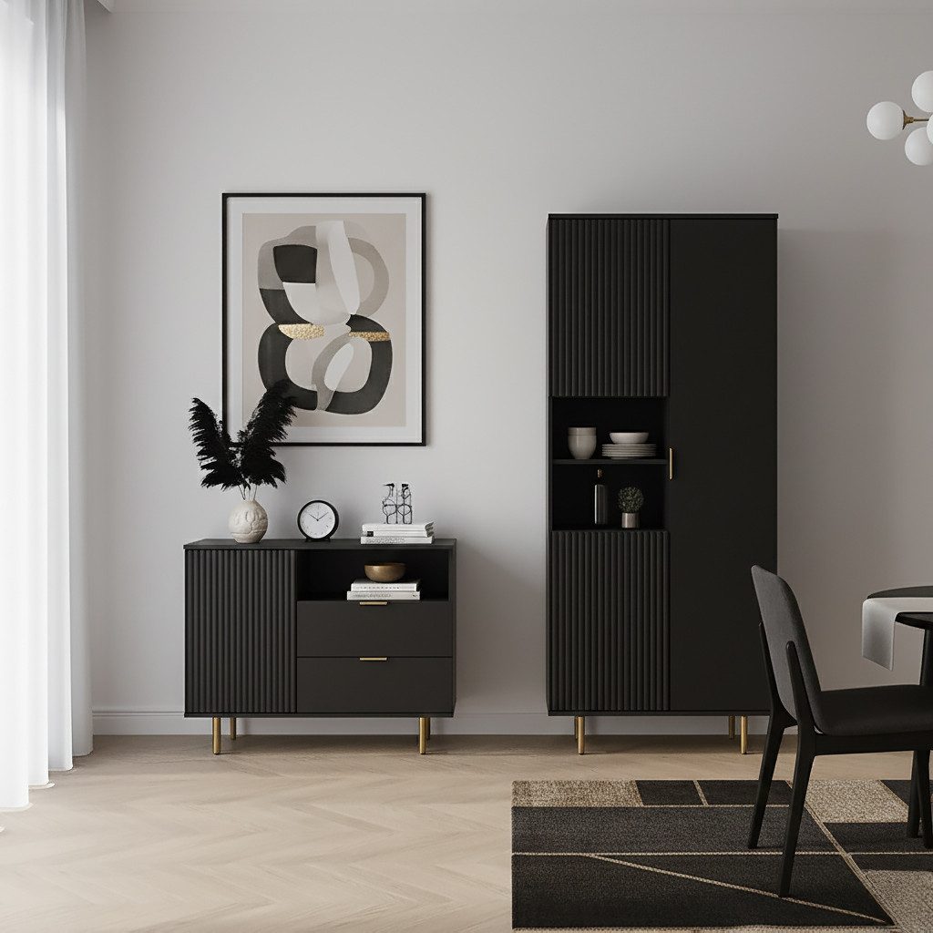 Lomadox Wohnzimmer-Set NADOR-132, (Mega-Spar-Set, 2-St., Vitrine Kommode), matt schwarz, goldfarbenen Metallgriffen und -füßen, Front Rillenoptik