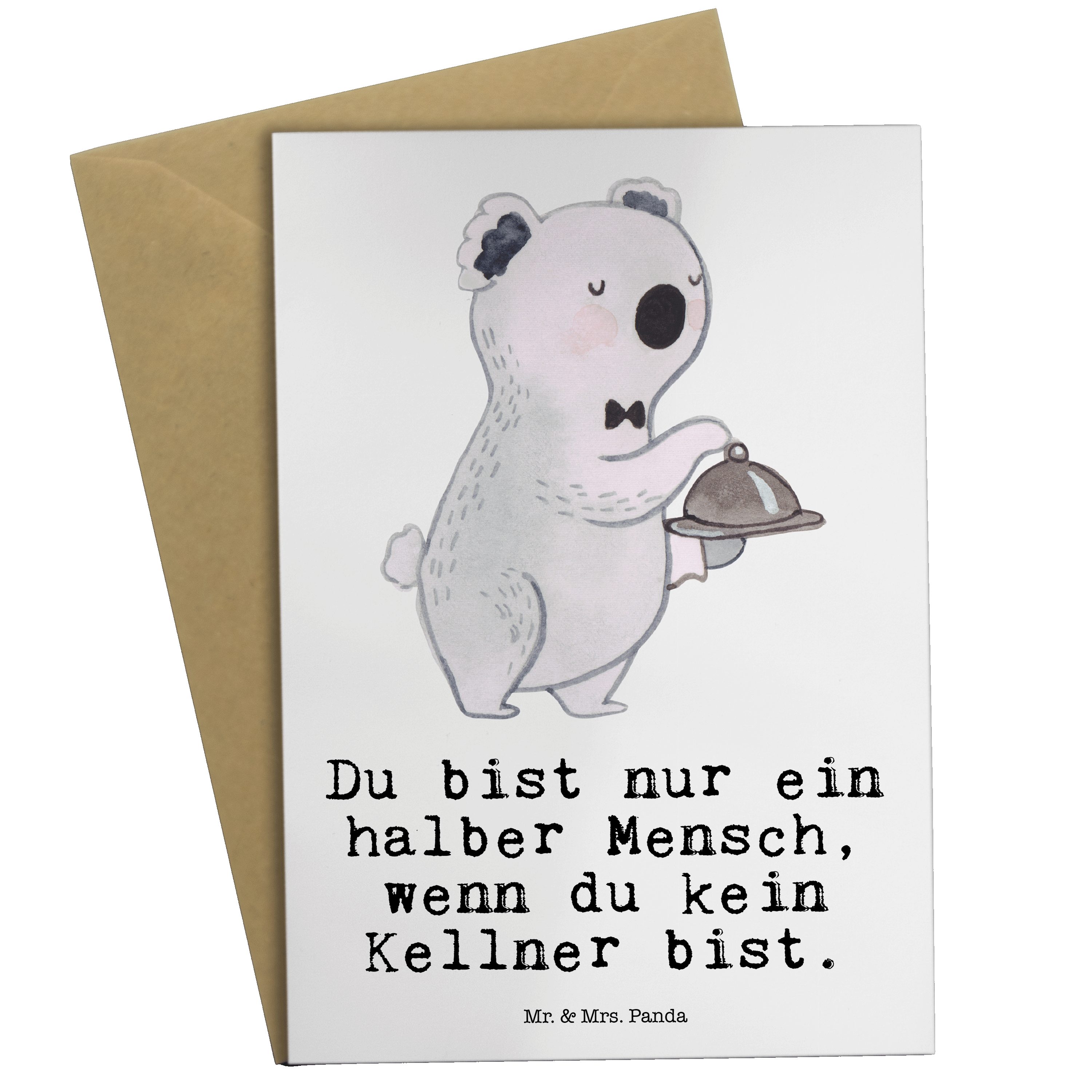 Mr. & Mrs. Panda Grußkarte Kellner mit Herz - Weiß - Geschenk, Einladungskarte, 3-Gänge-Menü, Sc | Grußkarten