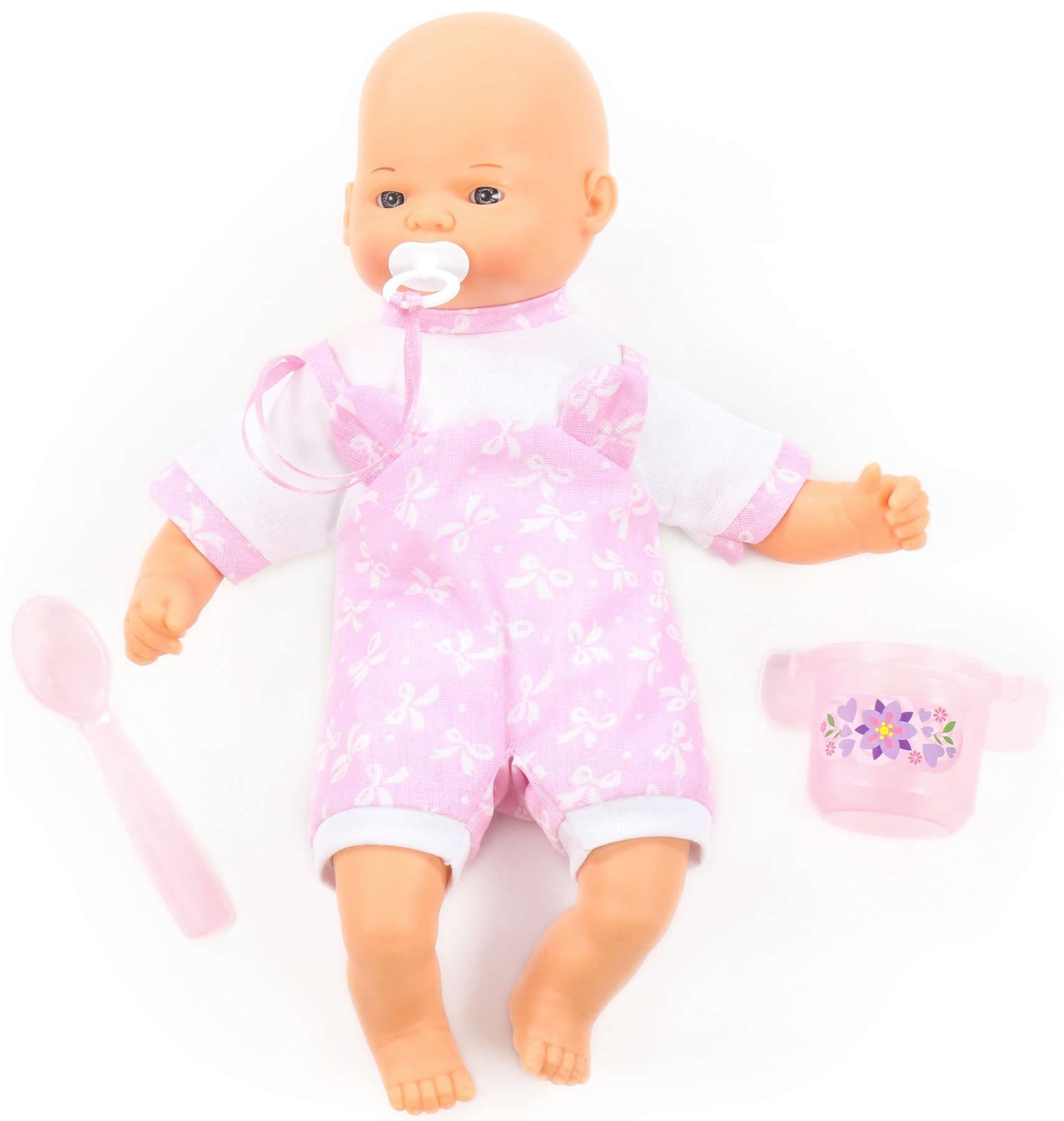 Babypuppe Puppe Weichkörper 28 cm mit Schnuller Fütter-Set