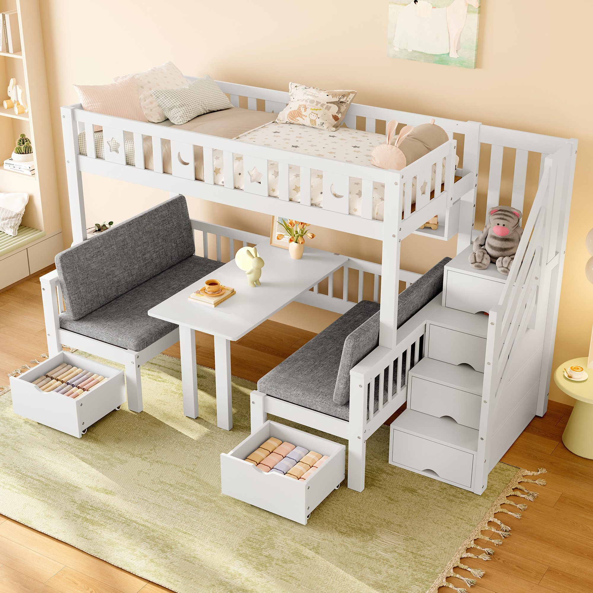 Merax Hochbett (Etagenbett Stockbett Jugendbett, 1-St., Kinderbett) Hochbett 90x200cm mit 2-in-1-Bett & Klapptisch Stauraumtreppe Geländer