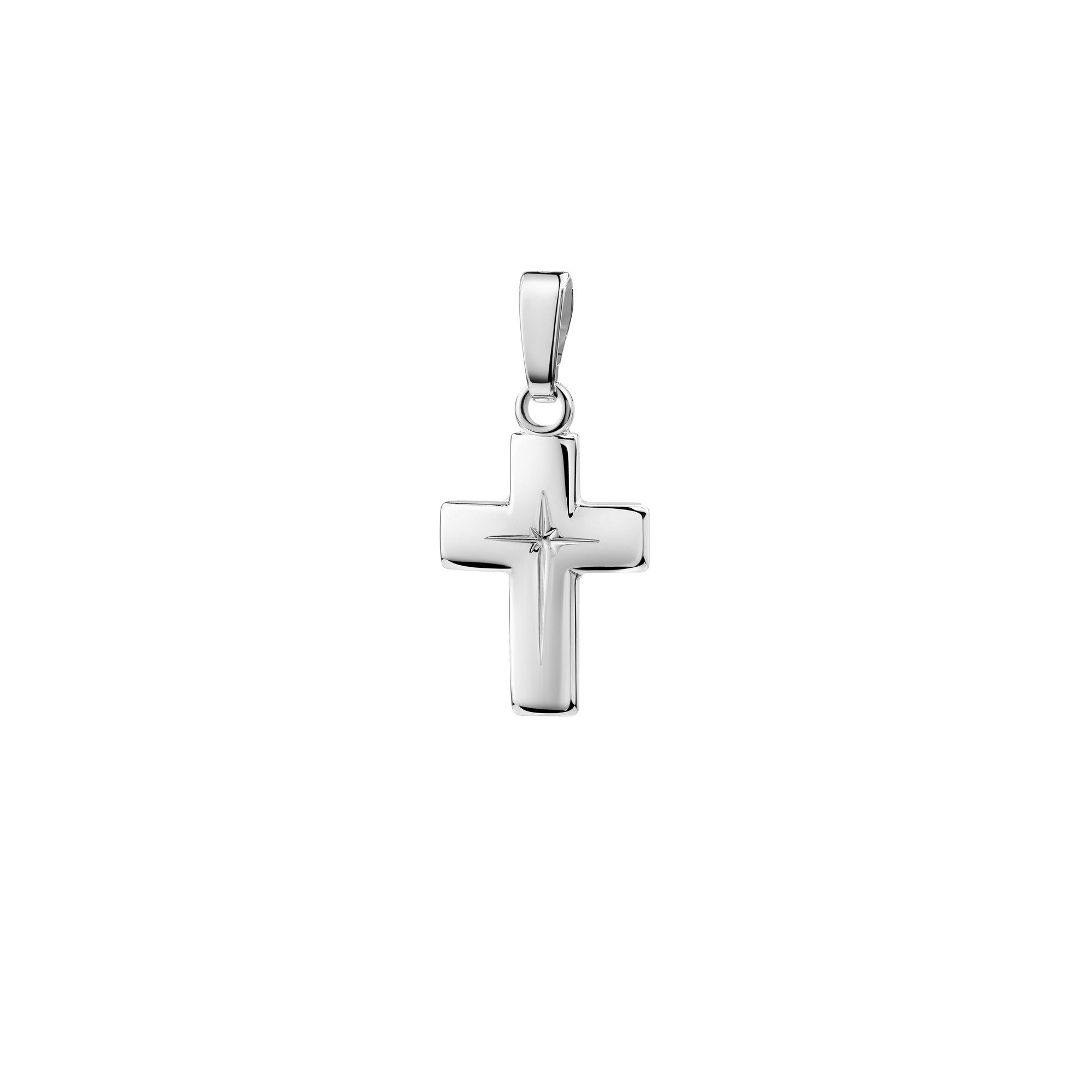 JEVELION Kettenanhänger kleiner Kreuzanhänger 585 Weißgold mit Kreuzgravur - Taufkreuz (Weißgold Anhänger, für Damen und Kinder), Mit Halskette Sterlingsilber- Länge wählbar 36 - 70 cm oder ohne Kette