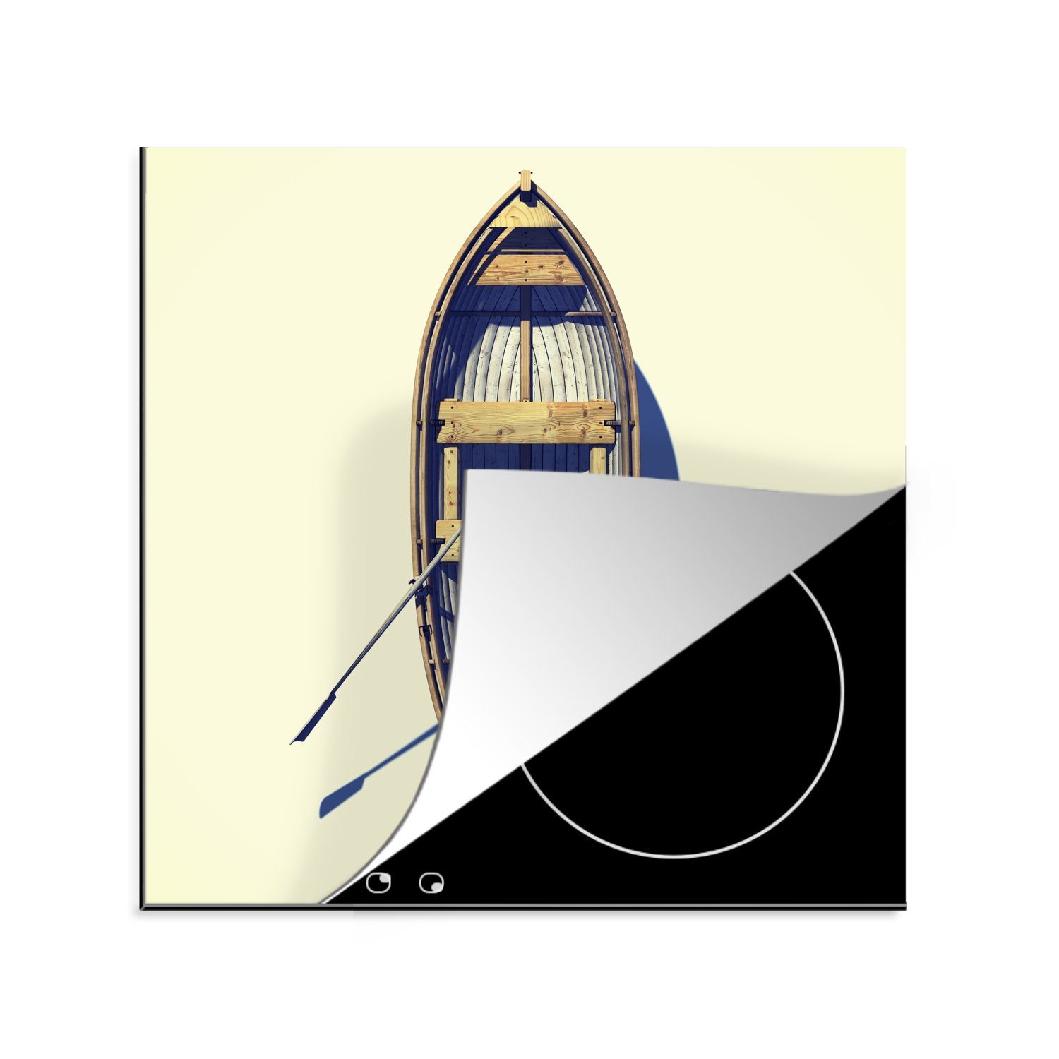 MuchoWow Herdblende-/Abdeckplatte Luftaufnahme eines Ruderboots am Strand, Vinyl, (1 tlg), 78x78 cm, Ceranfeldabdeckung, Arbeitsplatte für küche
