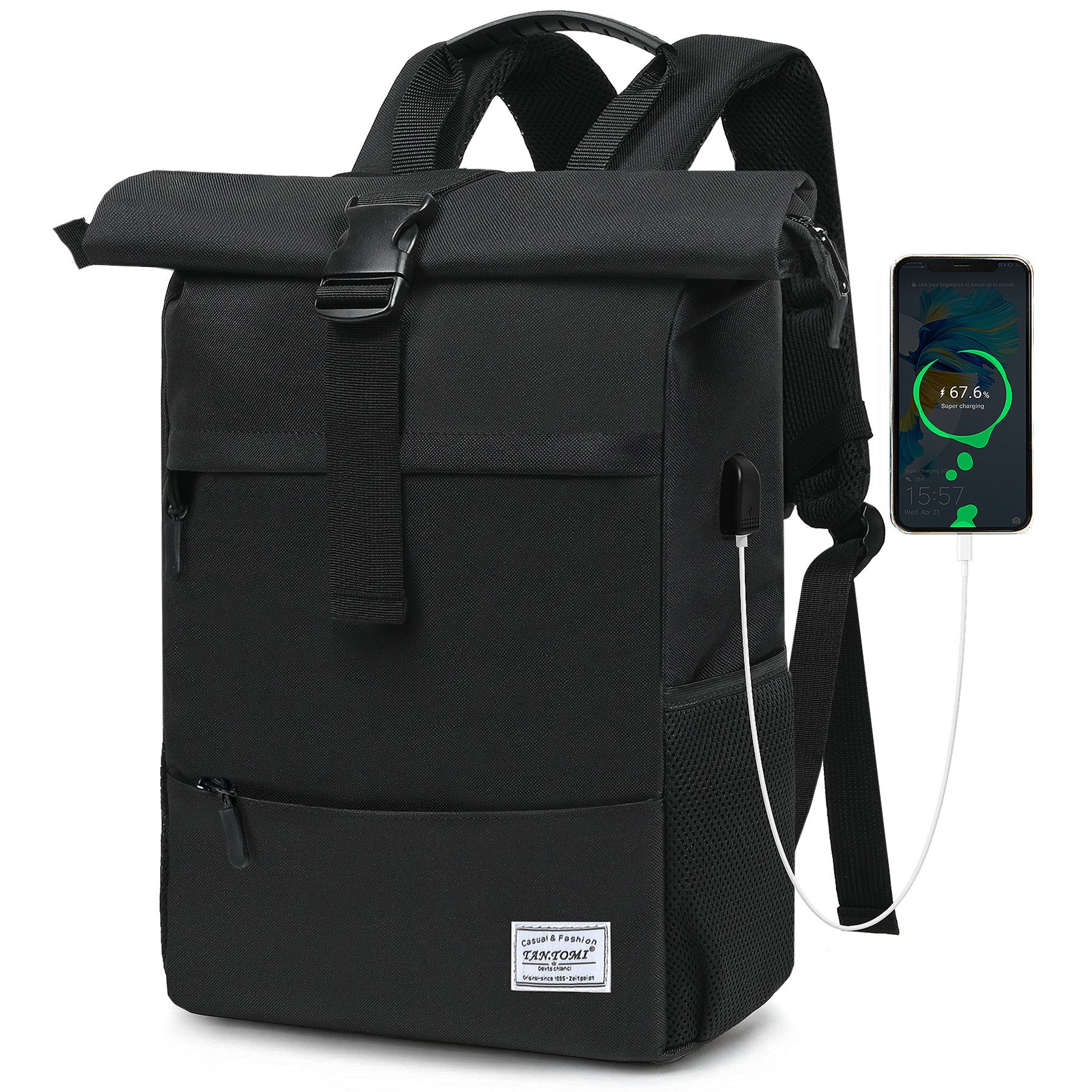 TAN.TOMI Cityrucksack Freizeitrucksack Groß Damen lässiger Rolltop Rucksack Herren Backpack (Arbeitsrucksack viele Fächer mit 15,6" Laptopfach/USB-Anschluss), Reiserucksack Lässiger Backpack Schule Freizeit Uni Arbeit Wandern