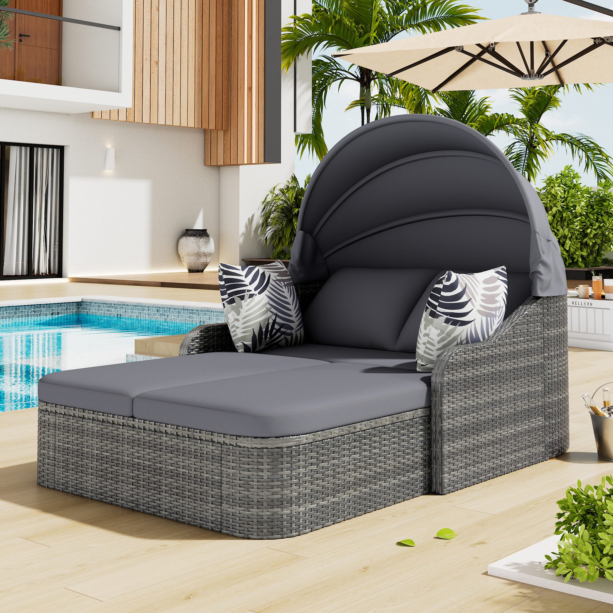 BBWL Doppelliege mit verstellbarem Baldachin, Outdoor Daybed mit Kissen für Garten Pool, Sonneninsel Gartenlounge PE-Rattan Doppel Sonnenliege