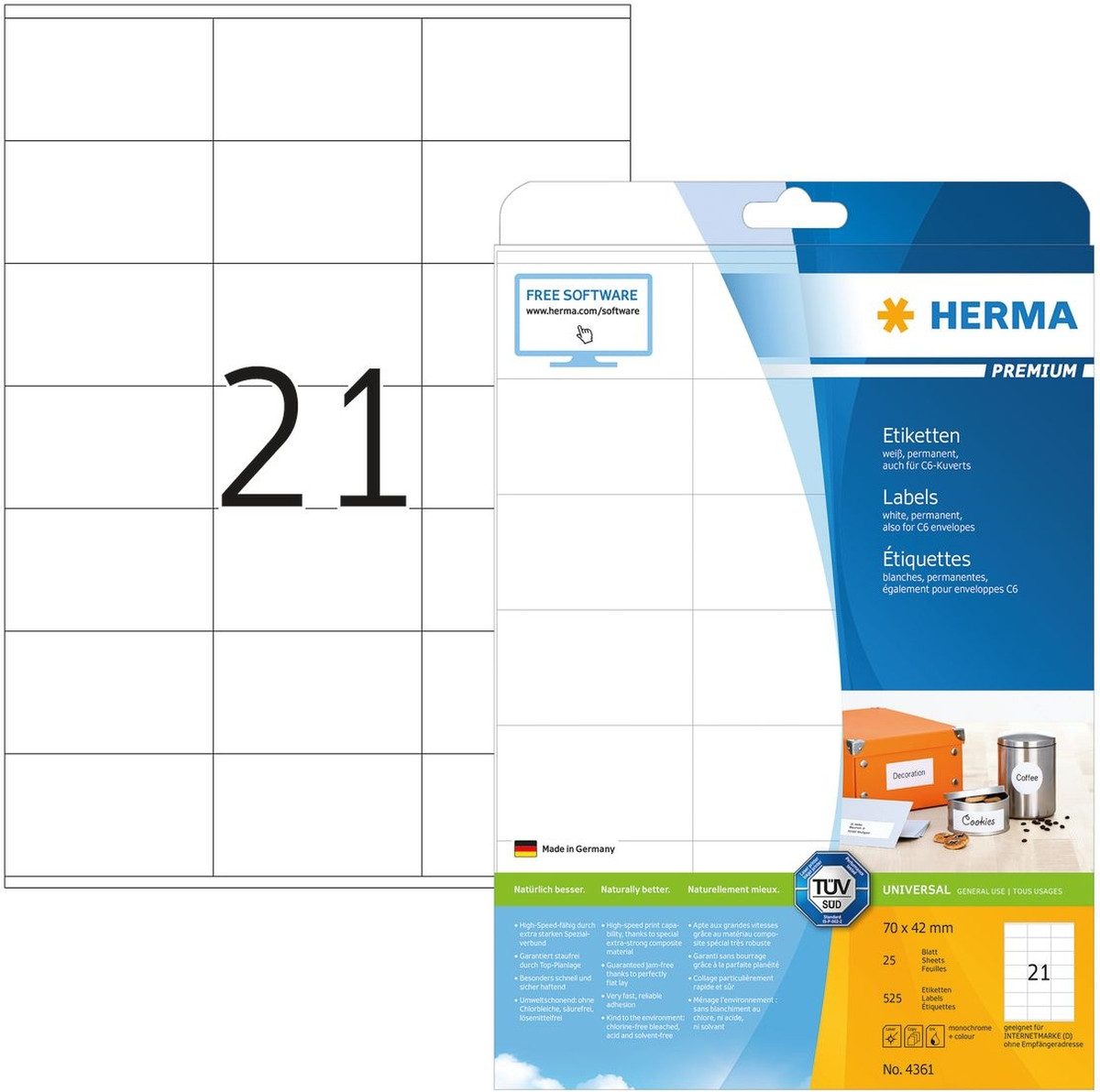 HERMA Etiketten Etiketten weiß 70x42mm Premium A4 VE=525 Stück