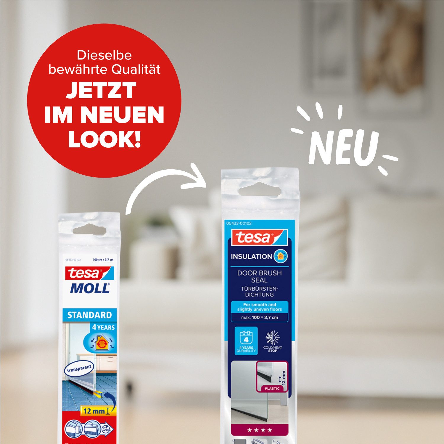 tesa Türbodendichtung INSULATION Türdichtschiene für glatte Böden, (Packung, 1-St., Türdichtschiene transparent - mit Bürstendichtung bis 12 mm), selbstklebende Türdichtung zum Schutz vor Zugluft