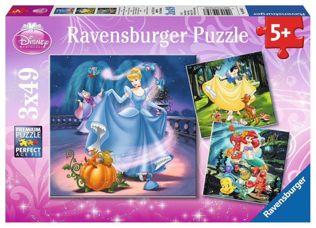 Ravensburger Puzzle 3 x 49 Teile Disney Prinzessinnen Schneewittchen, Aschenputtel 09339, 49 Puzzleteile