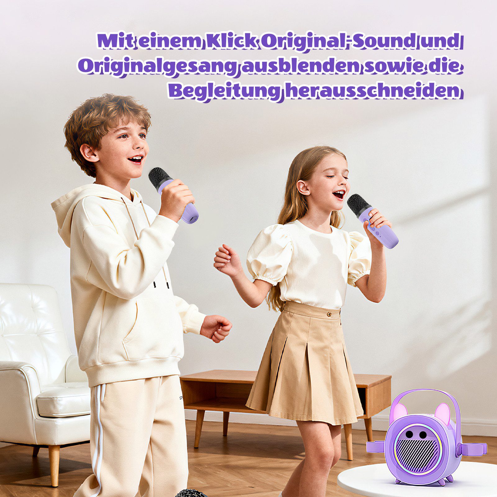 BBG Karaoke Box für Kinder mit 2 kabellosen Mikrofonen Karaoke-Maschine (5 W, Tragbar mit Bluetooth, Licht & Stimmeneffekten, Aufnahme)