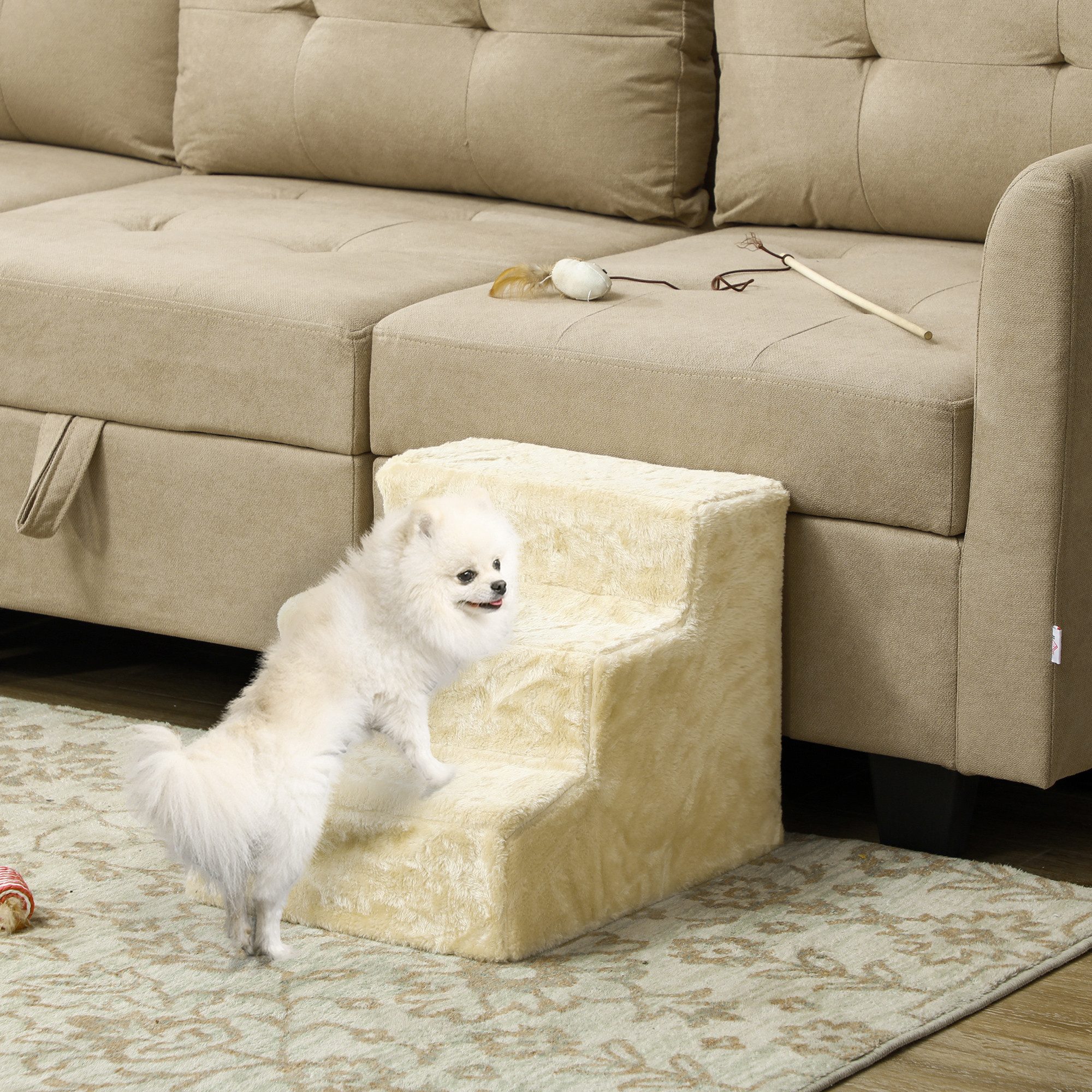 PawHut Haustiertreppe 3 Stufen Hunderampe für Kleine Hunde mit Waschbar Bezug (Katzentreppe, 1-St., Hundetreppe), Beige, 46 x 35 x 35 cm