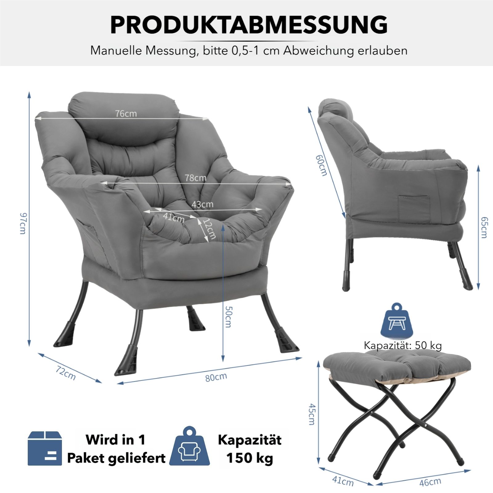 TLGREEN Loungesessel mit klappbarem Fußhocker, ergonomisch Relaxsessel, (Großliegestuhl mit rutschfesten Füßen, Seitentasche und 150 kg Tragkraft, leicht zu reinigendes Material), ideal für Wohnzimmer, Schlafzimmer und Arbeitszimmer