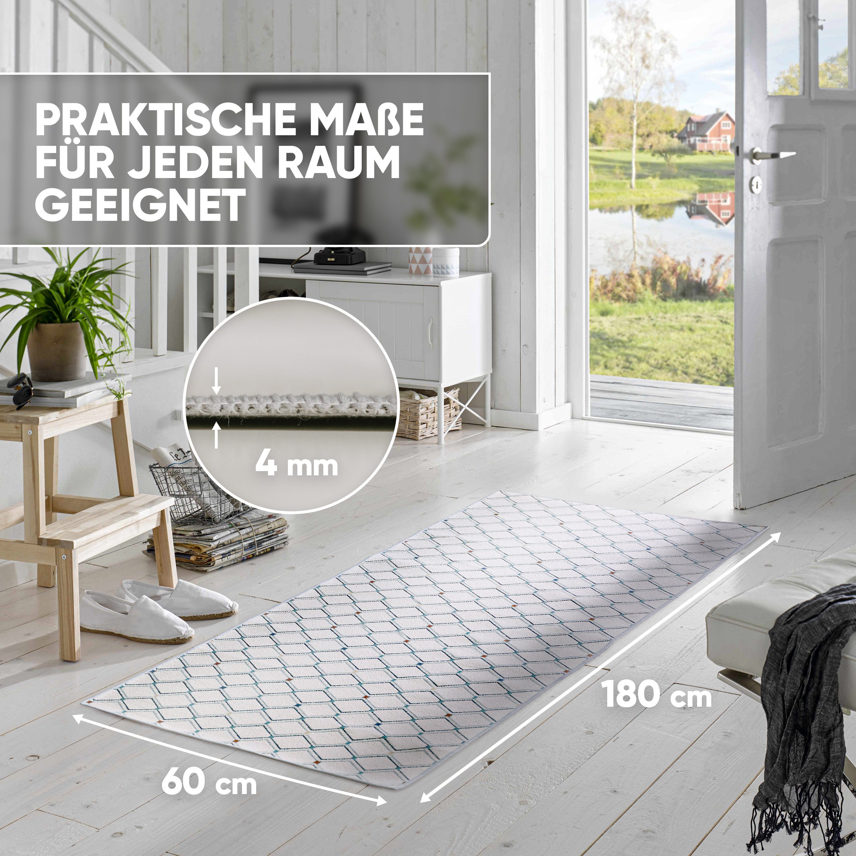 Björn&Schiller Läufer rutschfester Teppich 60x180 cm, 4 mm Dicke, moderner Flurteppich lang, rechteckig, Höhe: 4 mm, für Korridor, Schlafzimmer und Wohnzimmer,  – Bild 4 von 5