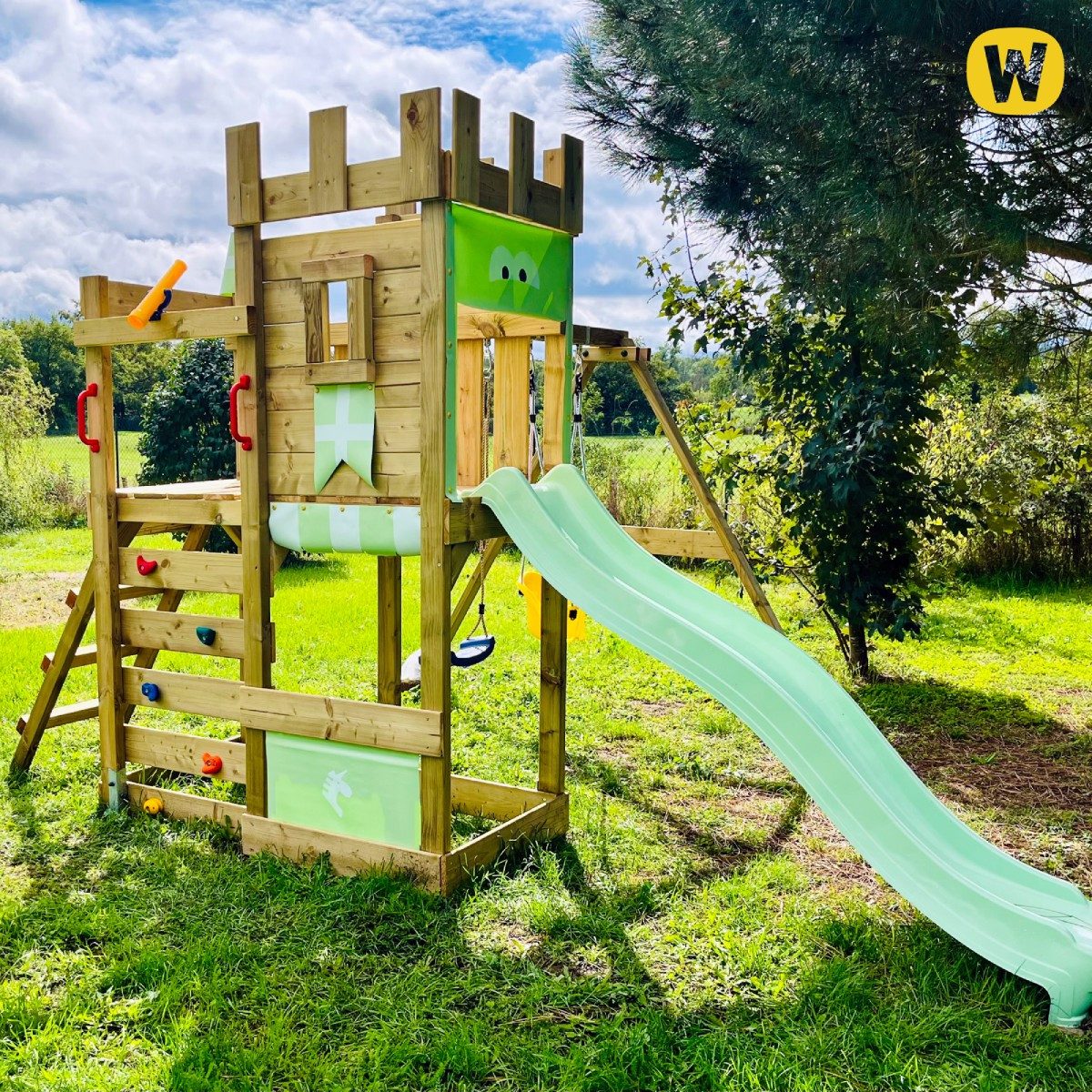 Wickey Spielturm RoyalFlyer – Abenteuer-Spielgerät für Garten mit Rutsche und Schaukel, Spielhaus-Ritterburg mit 10 Jahren Garantie*