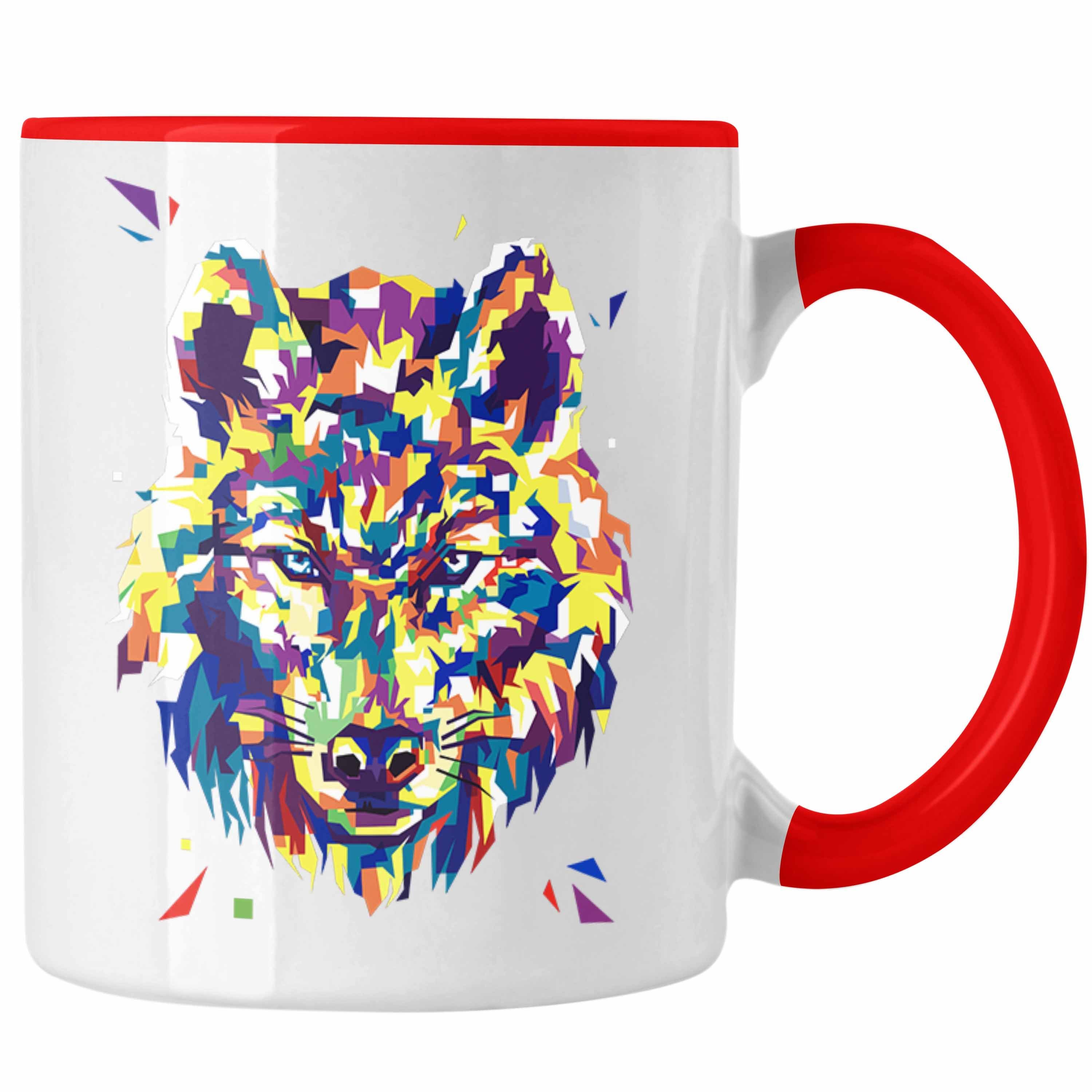 Trendation Tasse Trendation - Wolf Poiygon Grafik Tasse Geschenk Wölfe Liebhaber Bunt Rot