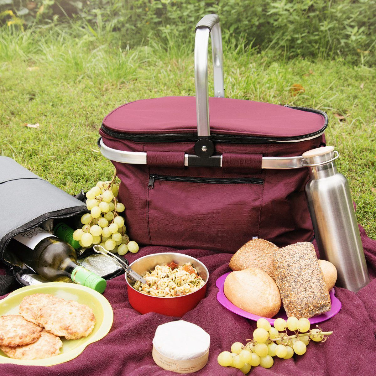 Picknickkorb - Thermo Bordeaux Faltbarer Einkaufskorb 27L Isolierung Navaris mit Kühlkorb