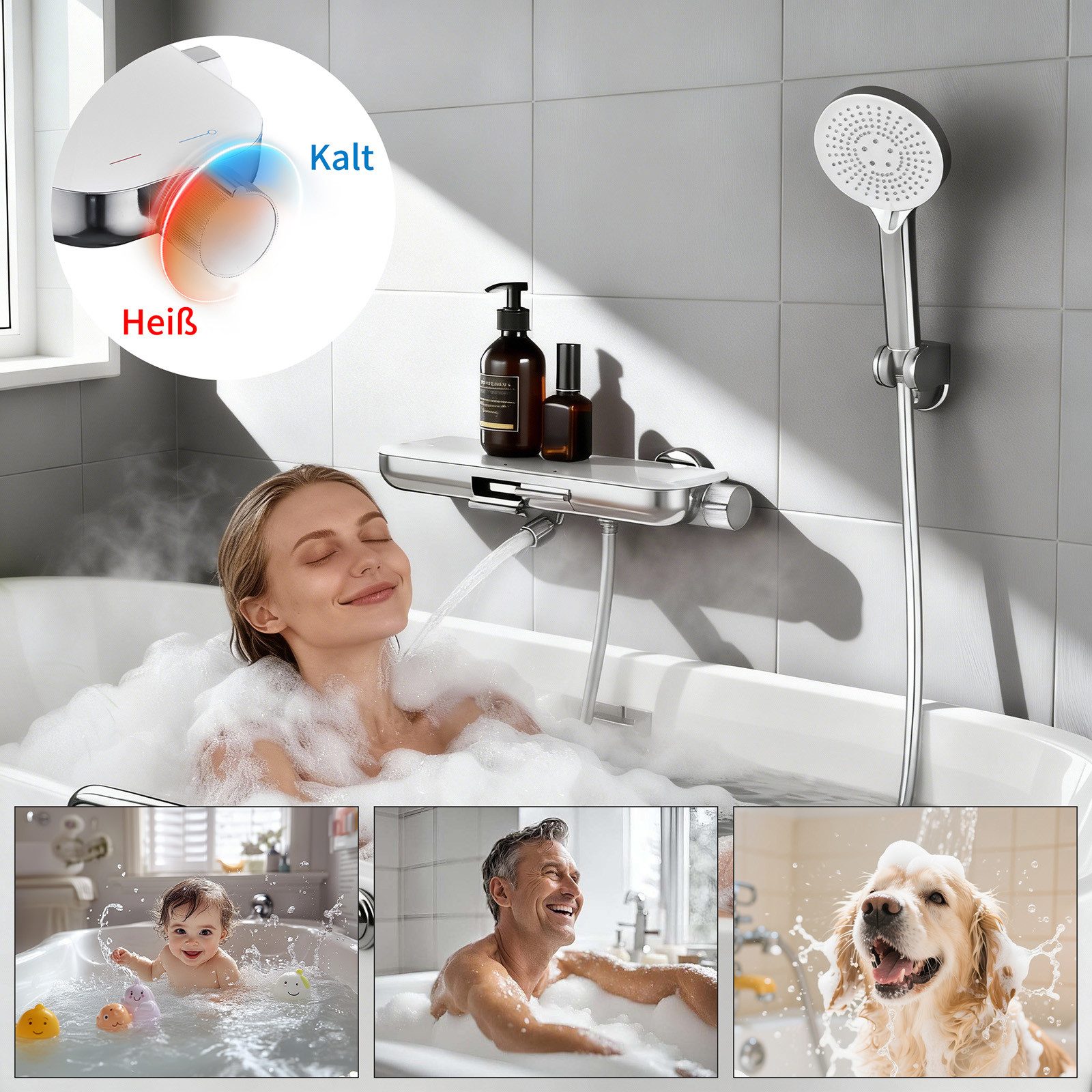HOMELODY Brausegarnitur Badewannenarmatur mit Ablage 370 mm und 3-Funktions-Handbrause, 2 Strahlart(en), Set, 1 tlg., 2-Wege Umschaltung, schwenkbarer Auslauf, PVC-Schlauch 1500 mm