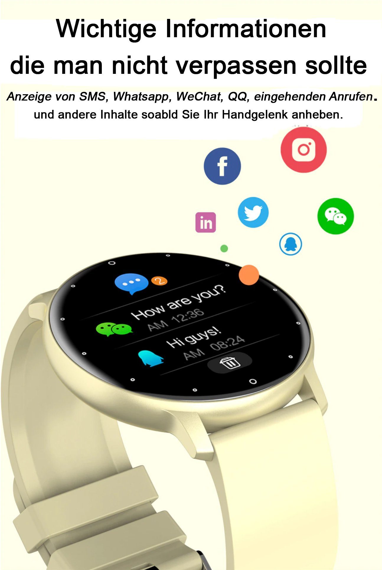 TPFNet SW01 mit individuell einstellbarem Display Smartwatch (Android), Armbanduhr mit Musiksteuerung, Herzfrequenz, Schrittzähler, Kalorien, Social Media etc., Rosa