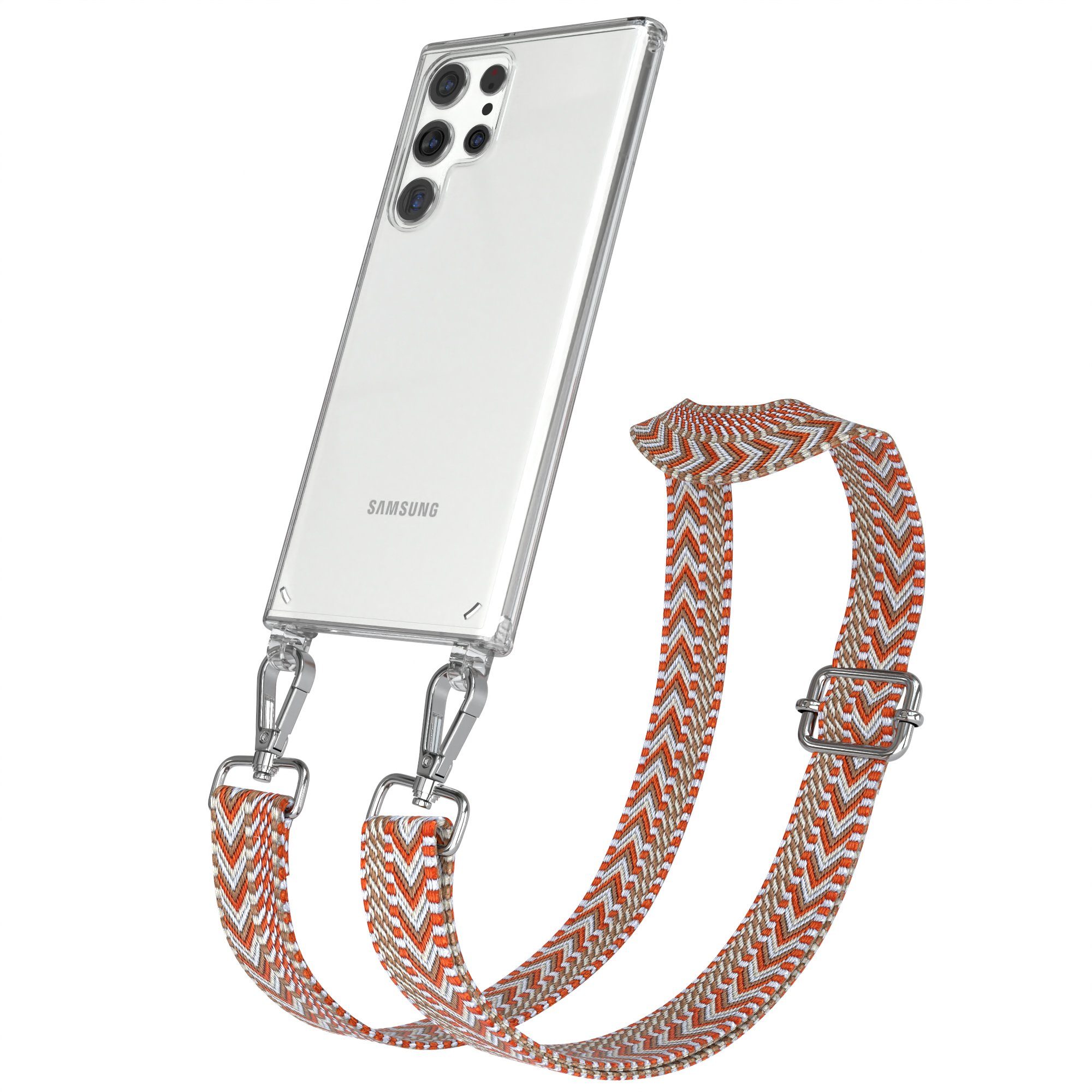 EAZY CASE Handykette Boho Umhängeband für Samsung Galaxy S22 Ultra 5G 6,8 Zoll, Backcover Handyhülle zum Umhängen Ersatzkordel Handy Tasche Orange