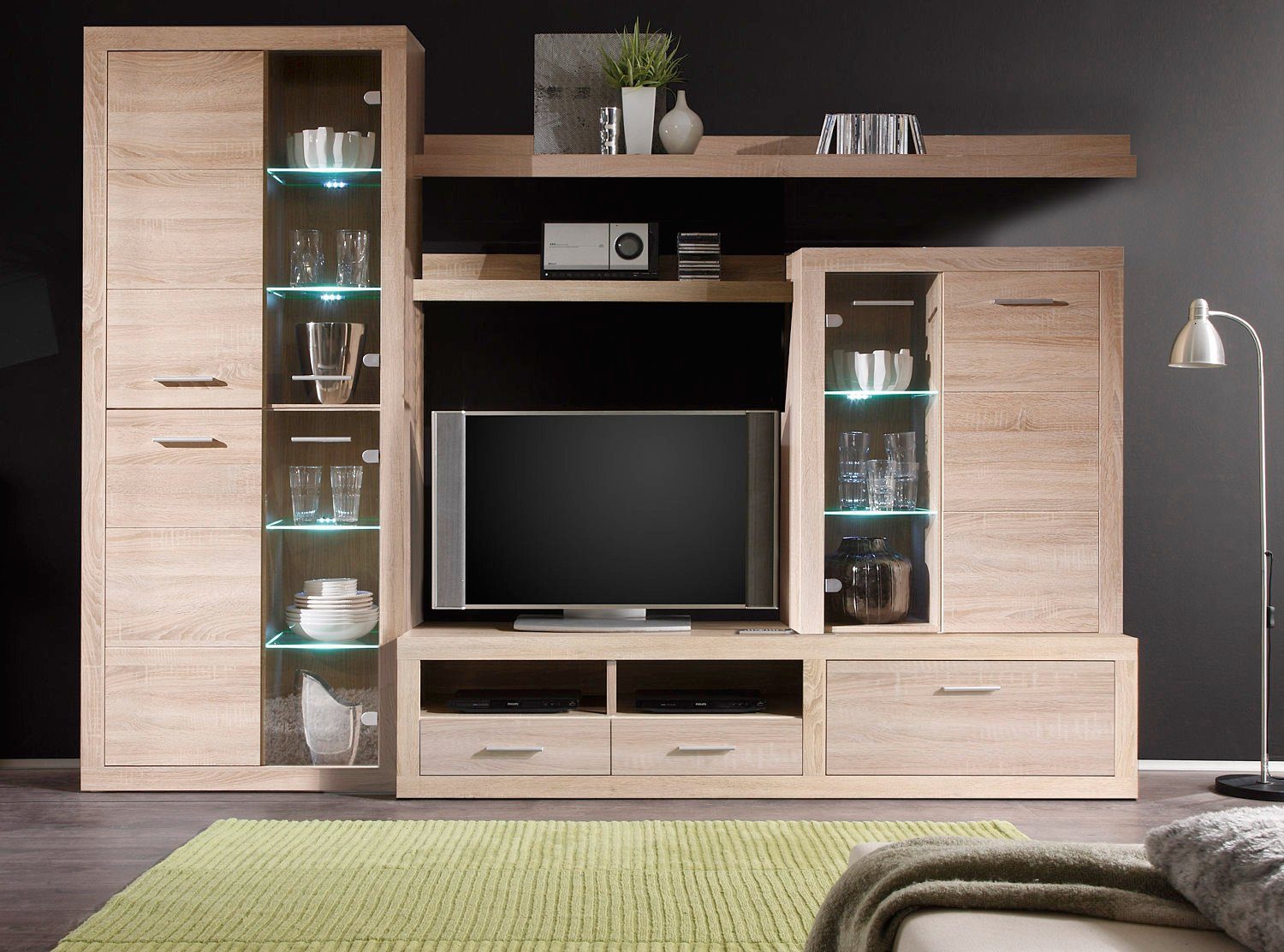 moebel-dich-auf Wohnwand CAN CAN, (in Eiche Sonoma, Vitrine + Lowboard + Aufsatzvitrine + 2x Wandboard), inkl. LED-Beleuchtung