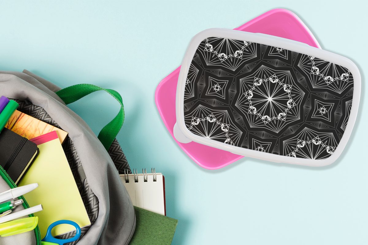 - - Design Brotbox Lunchbox MuchoWow Schwarz - - Erwachsene, Snackbox, (2-tlg), rosa Geometrie, Brotdose für Kinder, Kunststoff, Mädchen, Weiß Kunststoff Blumen