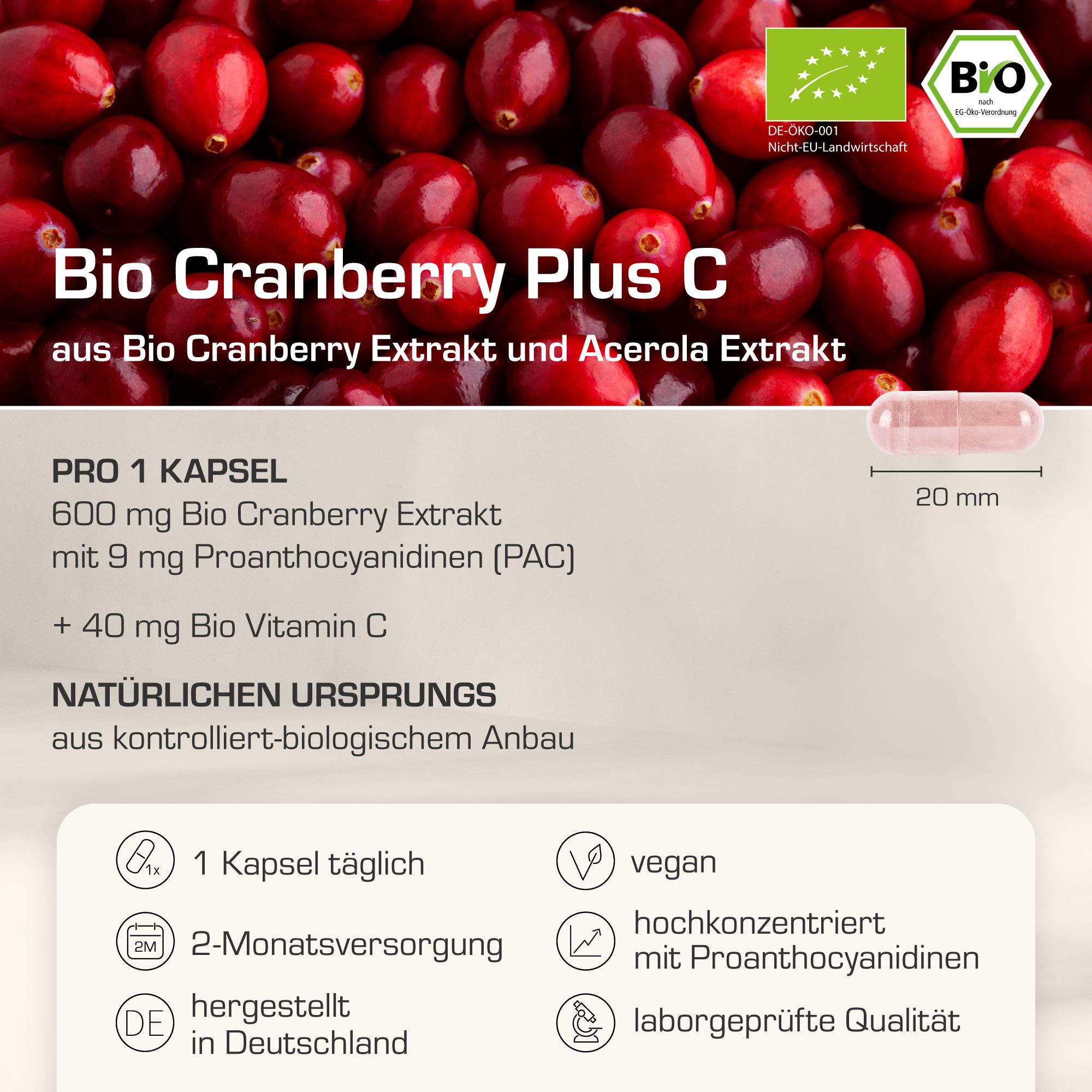 Purabyo Bio Cranberry plus C, 600 mg Bio Cranberry Extrakt, im Glas Kapsel, 1 er 61 g