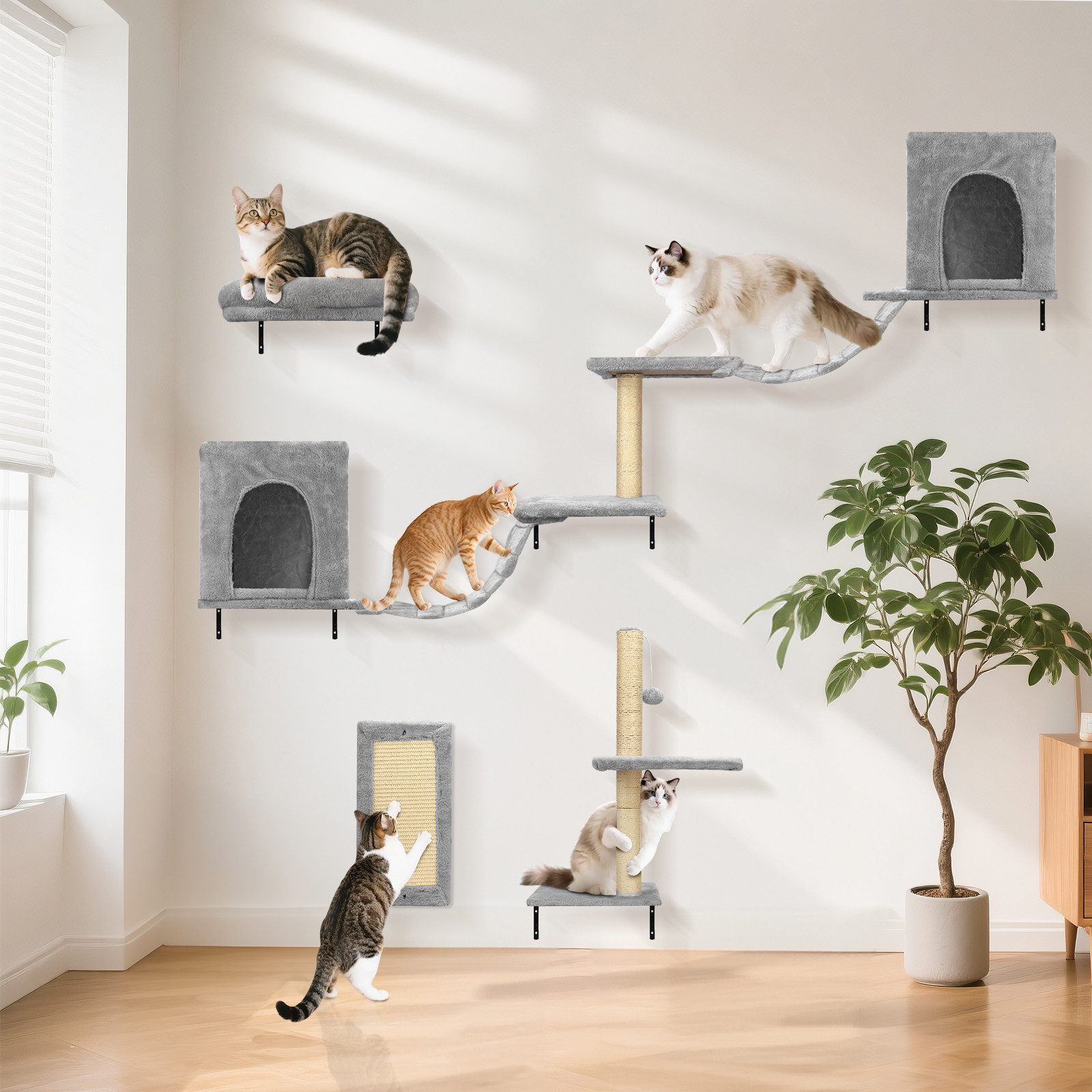 nobleza Kratzsäule Kletterwand Katzen 6 Set, Hängebrücke & festem Kratzbrett