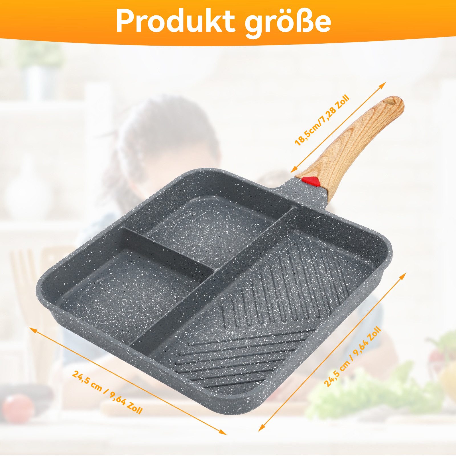 BlingBin Bratpfanne Antihaftbeschichtete Aluminium 3-in-1-Grillpfanne mit Bakelit-Griff, Aluminium (1 Stück, 1-tlg., 24.5*24.5*4cm,Quadratische Eierpfanne, Stea – Bild 4 von 5