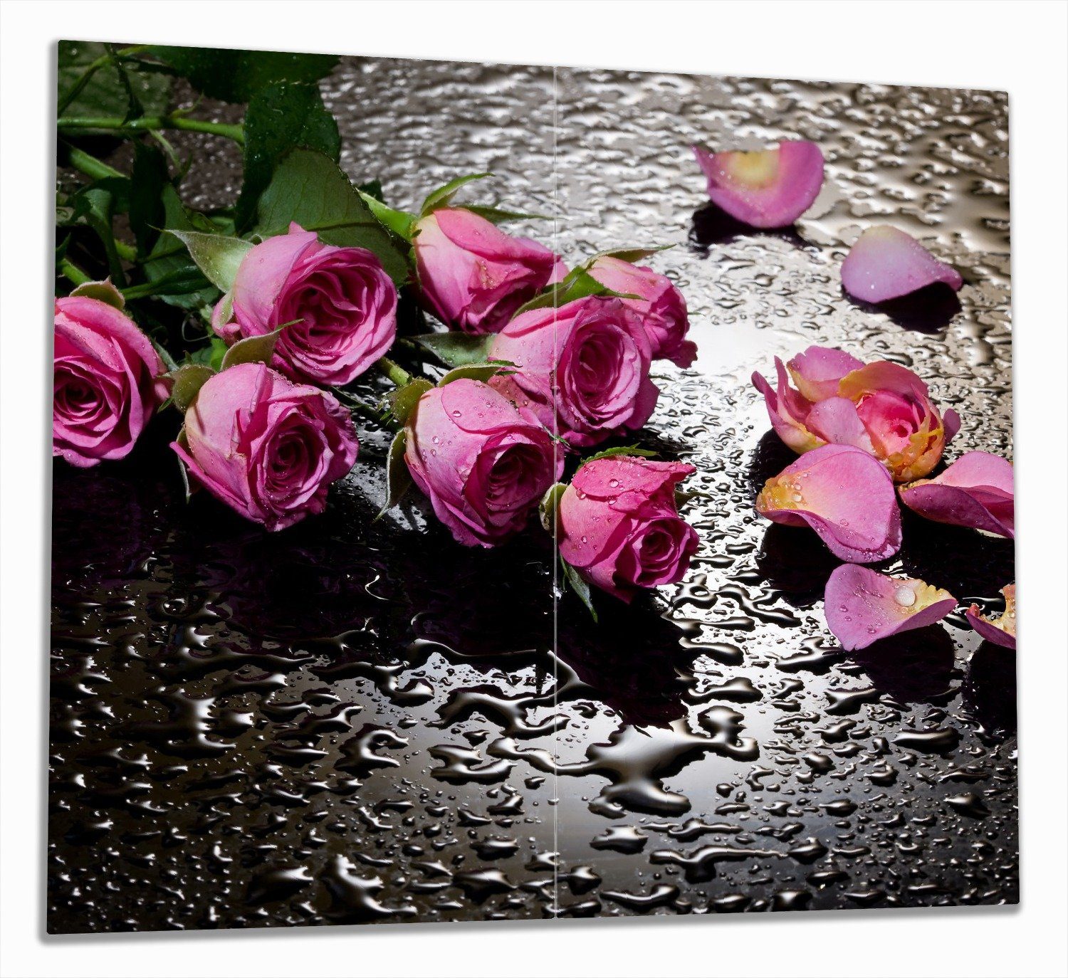 Wallario Herd-Abdeckplatte Pinke Rosen mit Wassertropfen, ESG-Sicherheitsglas, (Glasplatte, 2 tlg., inkl. 5mm Noppen), verschiedene Größen