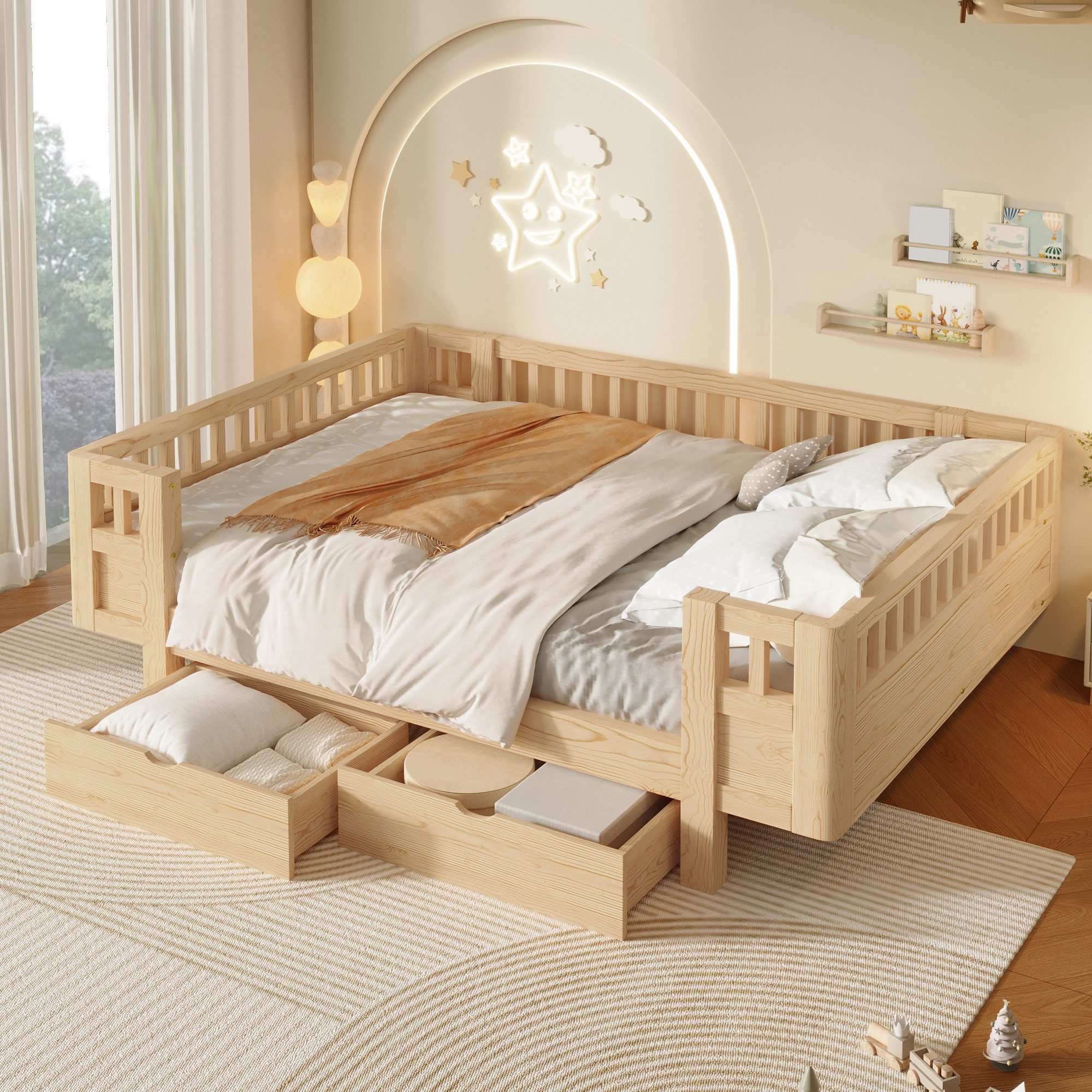 Merax Kinderbett mit Schutzgitter und 2 großen Schubladen (1-tlg), Massivholz Plattformbett 140x200cm Stauraumbett Jugendbett
