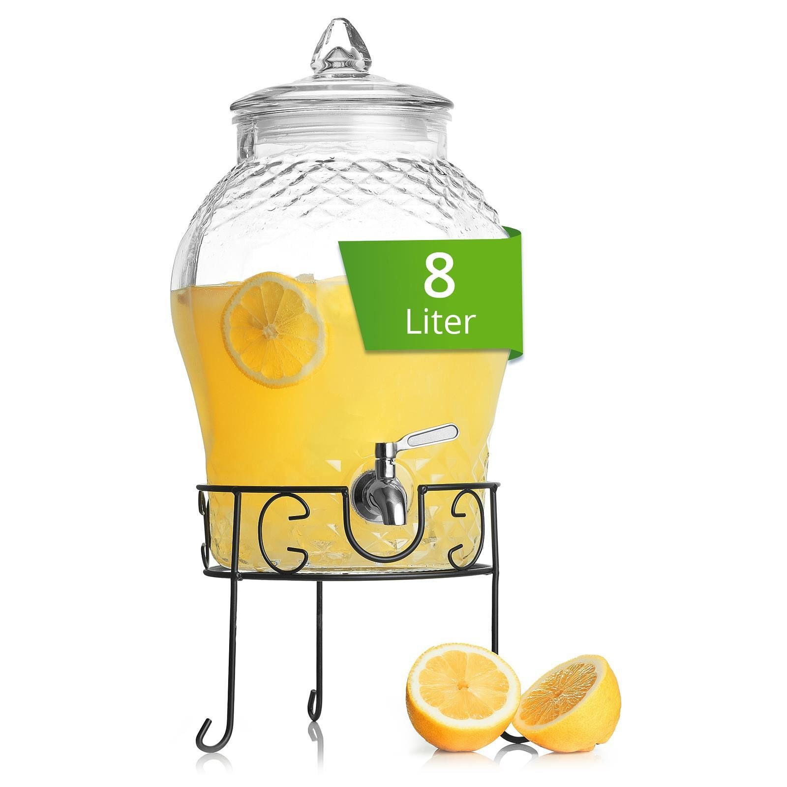 astor24 Getränkespender Getränkespender 8 L mit Zapfhahn + Ständer aus Glas Wasserspender, 8 Liter