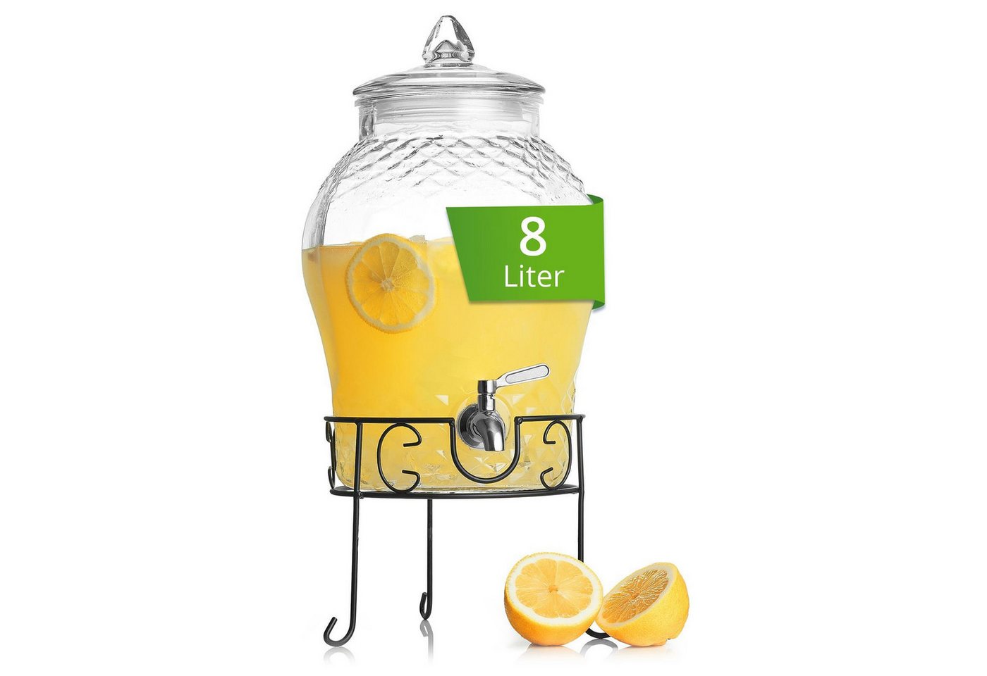 astor24 Getränkespender Getränkespender 8 L mit Zapfhahn + Ständer aus Glas Wasserspender, 8 Liter