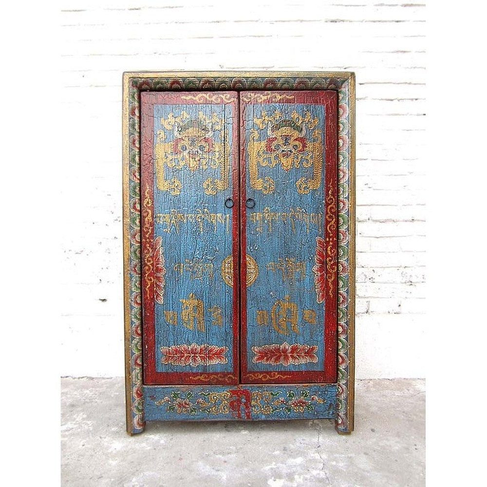 Luxury-Park-Direct Kommode Kleine Kommode Schrank blau-rot vintage style Vollholz aus Tibet.Luxur