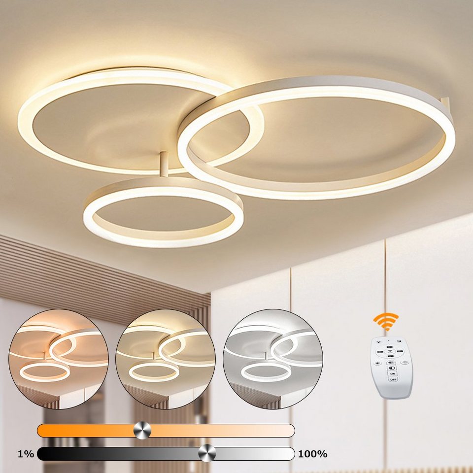 Daskoo Deckenleuchte 3 Ringe Design LED Deckenlampe 36W mit Fernbedienung  dimmbarer, LED fest integriert, Warmweiß, Kaltweiß, Neutral, Helligkeit  einstellbar, Wohnzimmer Arbeitszimmer, Schlafzimmer,Weiß