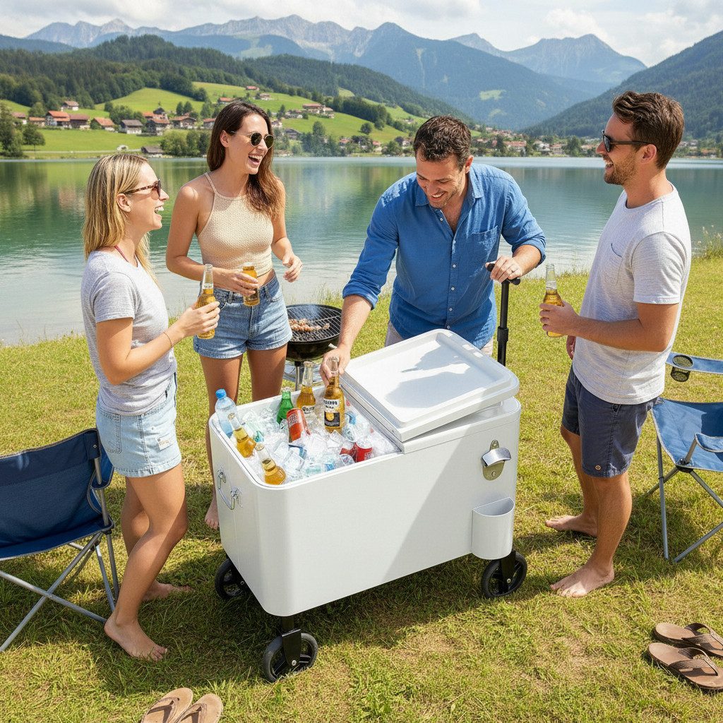 kowdom Trolley-Kühlbox Getränkekühler Servierwagen 56L mit Rollen & Flaschenöffner, Flaschenöffner, Ablass, Rollen, höhenverstellbarer Griff