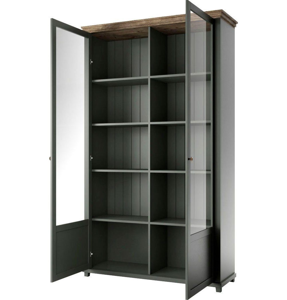 Helvetia Vitrine Elda (mit Türen, mit Einlegeböden, 1-St., moderne Optik, 2-türig mit Glaseinsatz) 126x42x200cm grün / Eiche Lefkas 2-türig