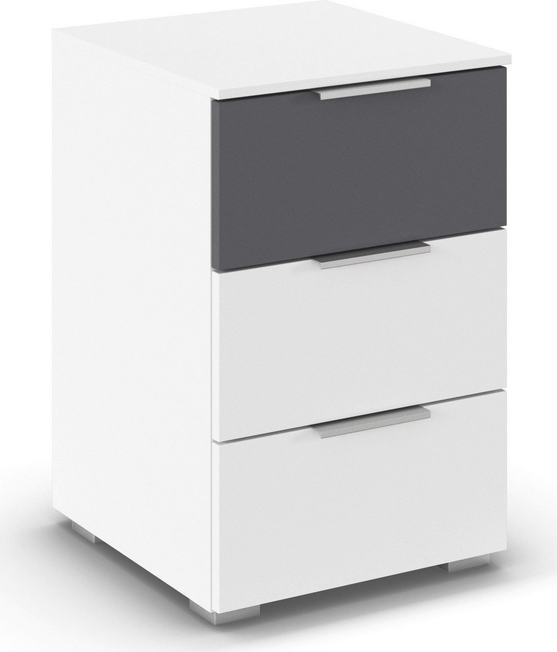 rauch Nachtkommode Nachttisch Nachtkonsole Nachtschrank ASTANA (Breite 40 cm / Höhe 61 cm), mit 3 geräumigen Schubladen, Kantengriff in Alufarben MADE IN GERMANY