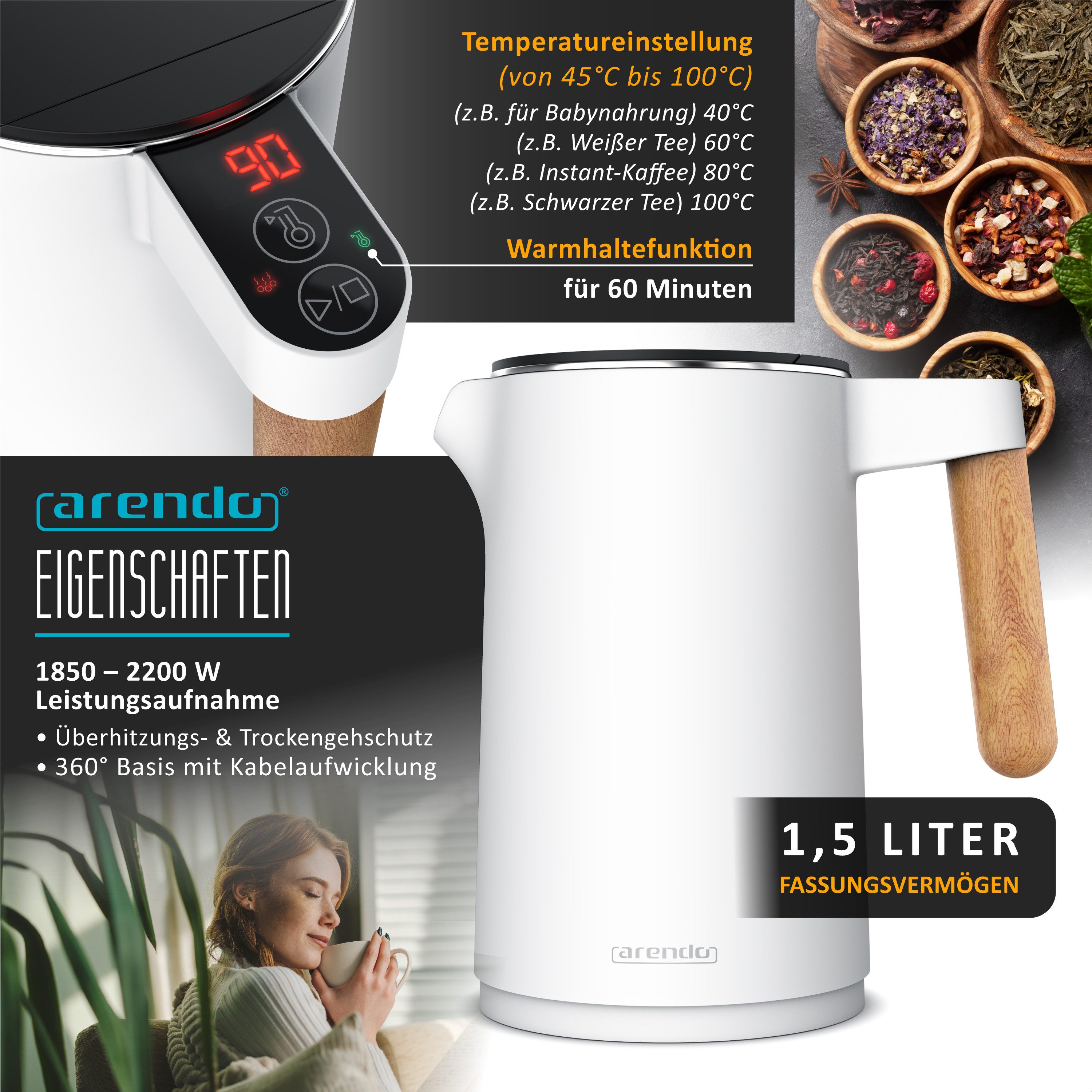 Arendo Frühstücks-Set Edelstahl Wasserkocher 1,5l, 4-Scheiben Langschlitz Toaster, weiß (2-tlg), Wasserkocher mit Temperatureinstellung, Toaster Brötchenaufsatz, Touch