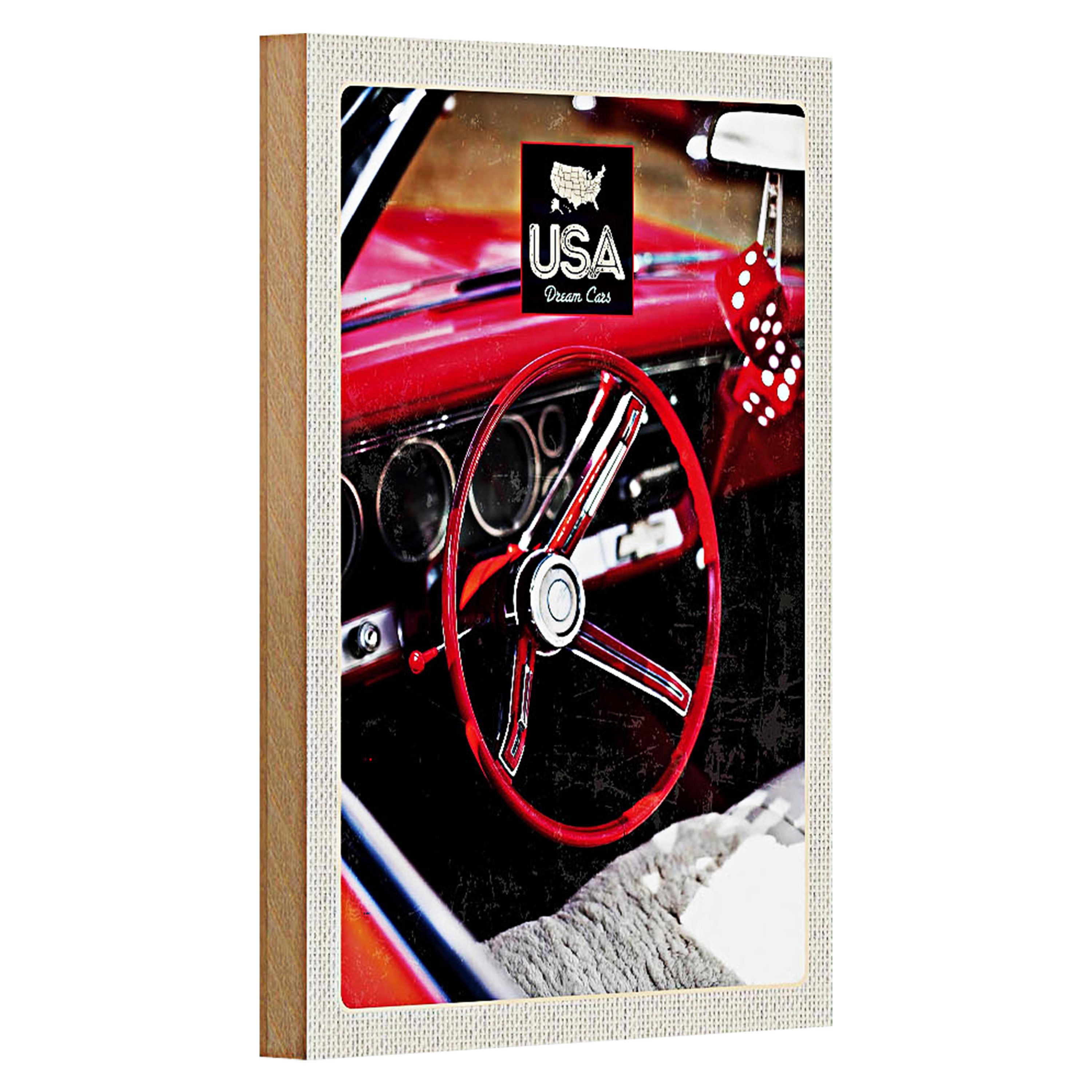 Roomando Holzbild Reise 12x18cm Amerika Oldtimer USA Rot Würfel