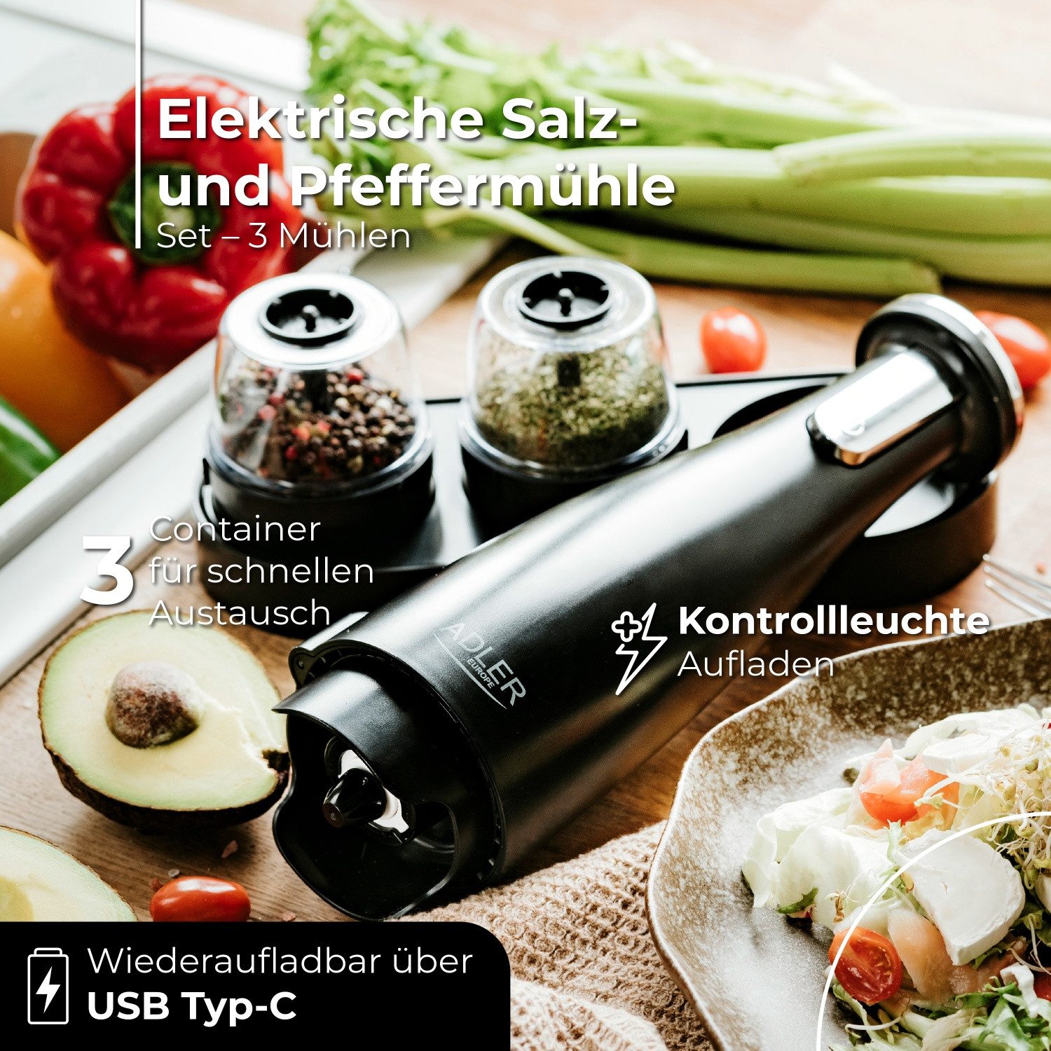 Adler Salz-/Pfeffermühle Adler Elektrische Salz- und Pfeffermühle Set 3 Mühlen USB Schwarz