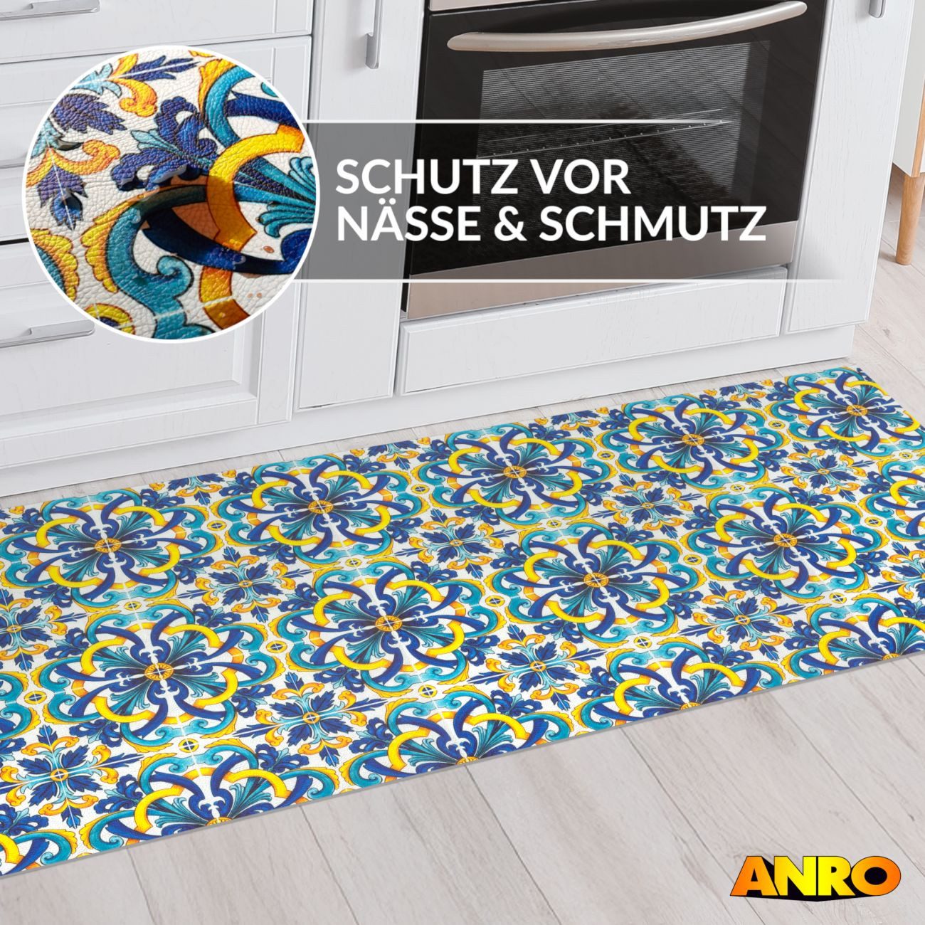 ANRO Küchenläufer abwaschbar Fliese LADY Läufer hochwertig Küchenteppich, Rechteckig, Höhe: 3 mm, robust schmutzabweisend 67x100cm Oriental Bunt robust – Bild 5 von 5