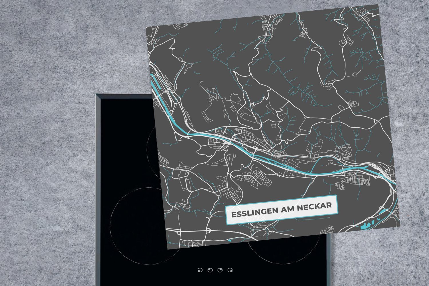 MuchoWow Herdblende-/Abdeckplatte Karte tlg), Stadtplan Ceranfeldabdeckung, am 78x78 Vinyl, - Neckar Esslingen für küche Arbeitsplatte - cm, Blau (1 - Deutschland, 
