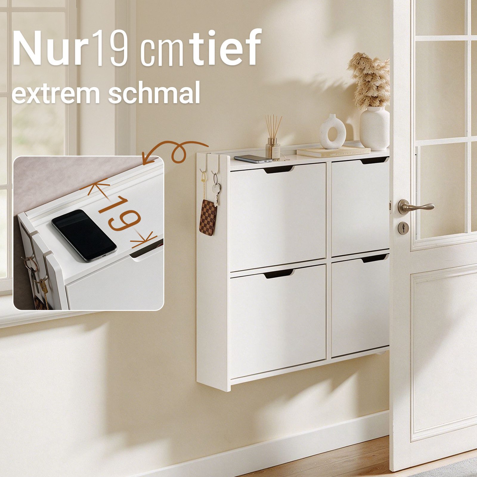 SoBuy Schuhkipper FSR100, Schuhschrank schmal, Schuhregal Schuhkipper, Schuhkommode Weiß, Schuhschrank hängend, Schuhaufbewahrung, 19 cm tief, mit Sensorlicht